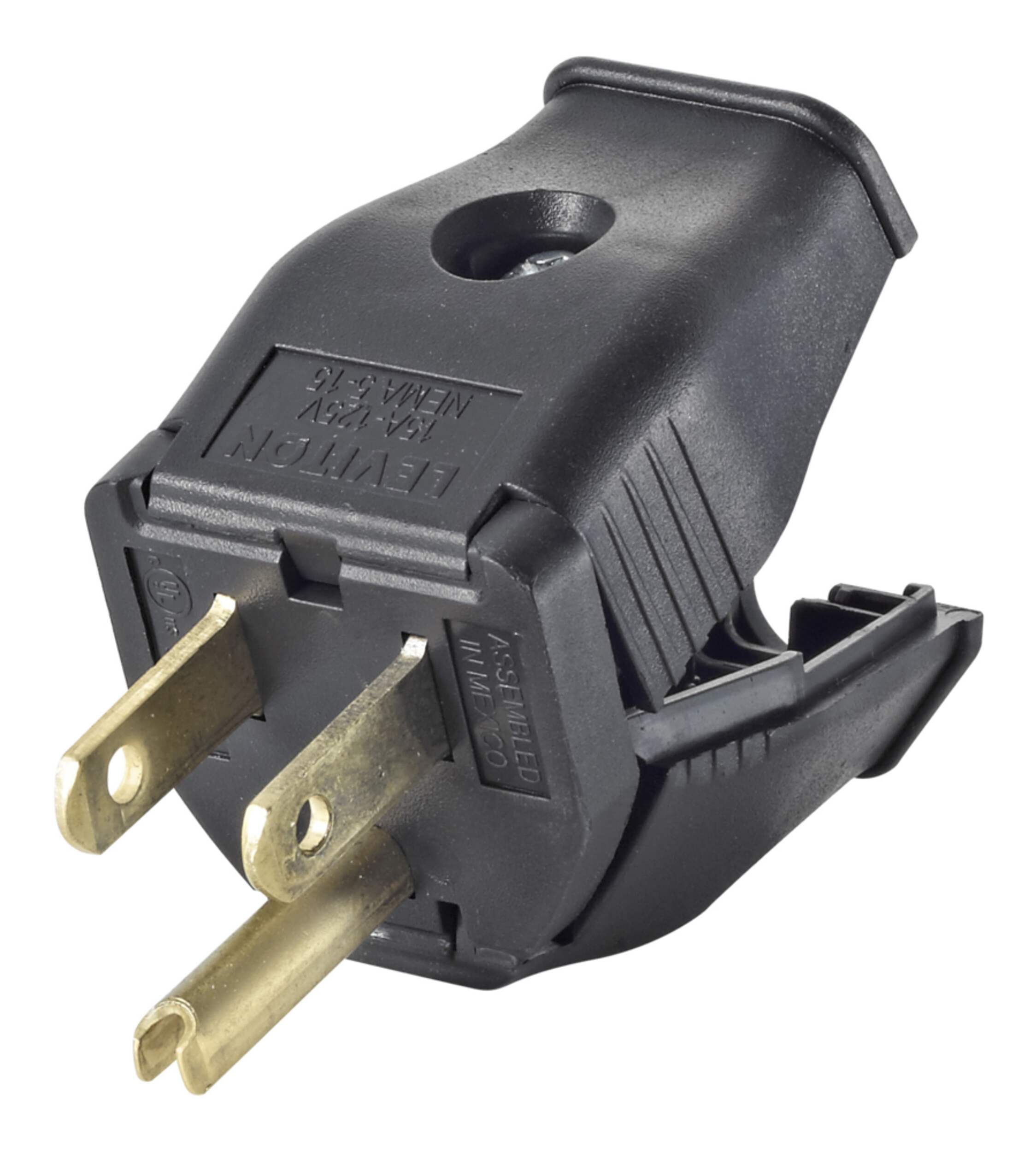 Fiche de bout Leviton 3W101-749, 15 A, 125 V, 2 pôles, 3 fils, mise à la terre, qualité résidentielle, noir Front_Angled_Left