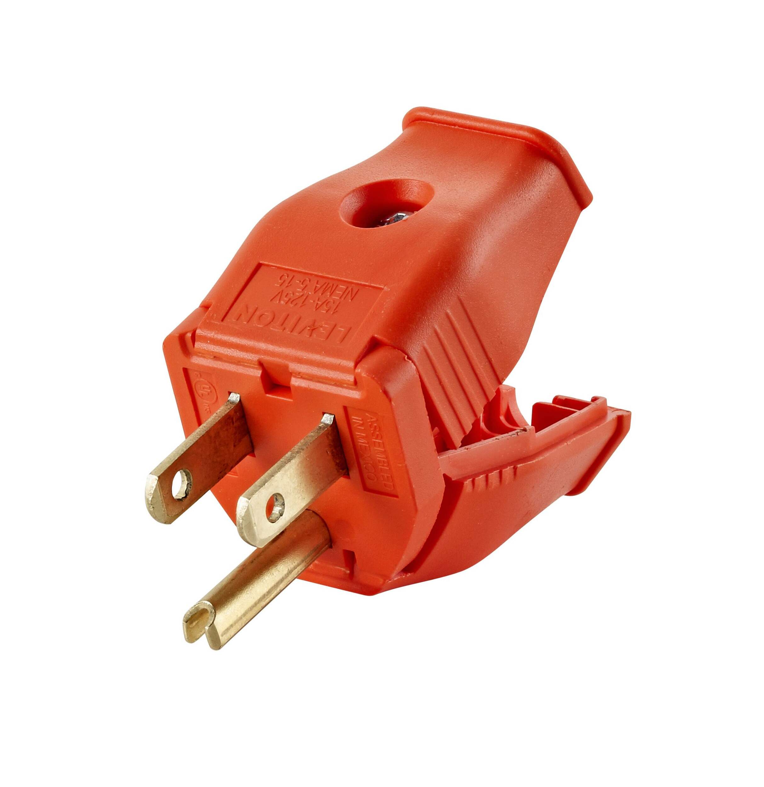 Leviton 3W101-744 End Plug, 15 Amp, 125 Volt, 2 Pole, 3 Wire, Grounding, Orange Front_Three_Fourths_Angled_Left