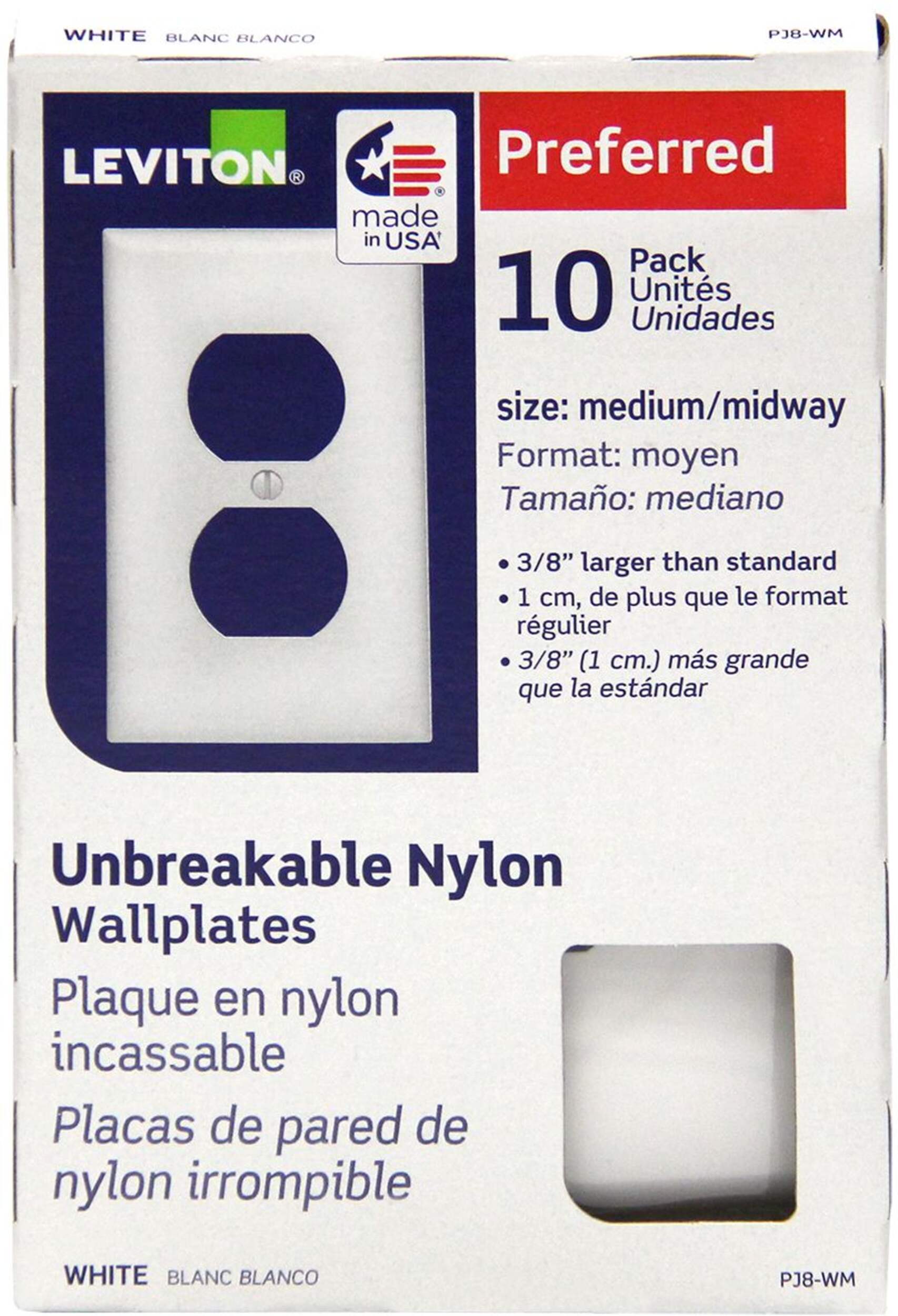 Leviton 00PJ8-755 Midway Nylon Duplex Receptacle Wallplate, 1 Gang, White, 10-pk Front_Flat