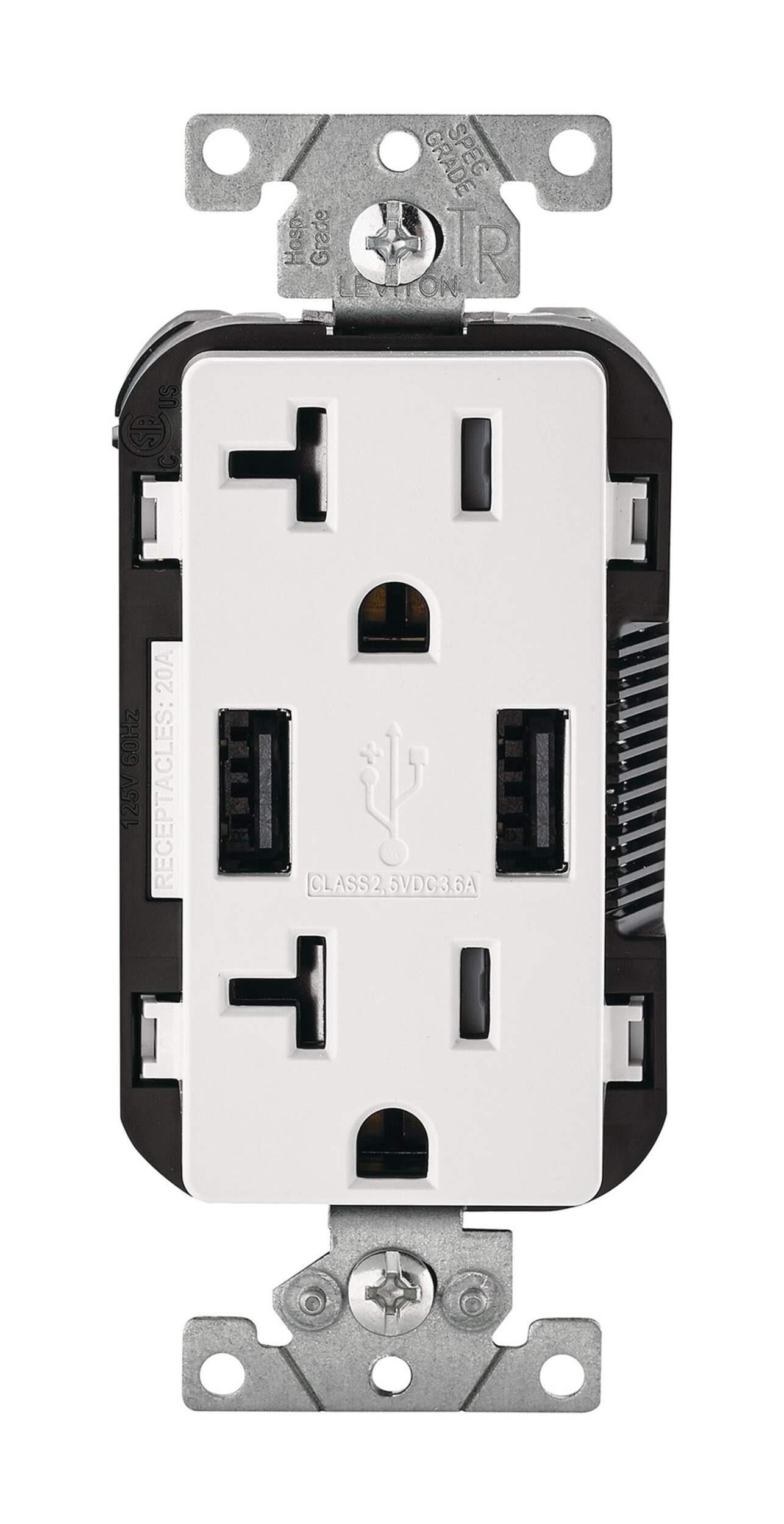 Leviton T5832-722 Decora 2-Port USB Type-A Wall Outlet Charger with 20A Tamper-Resistant Receptacles, White Front_Flat