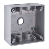 Hubbell 5333-0 Outdoor 2 Gang Weatherproof Box, Three 1/2-in Threaded Outlets, Grey, 32 Cubic Inches Front_Angled_Right