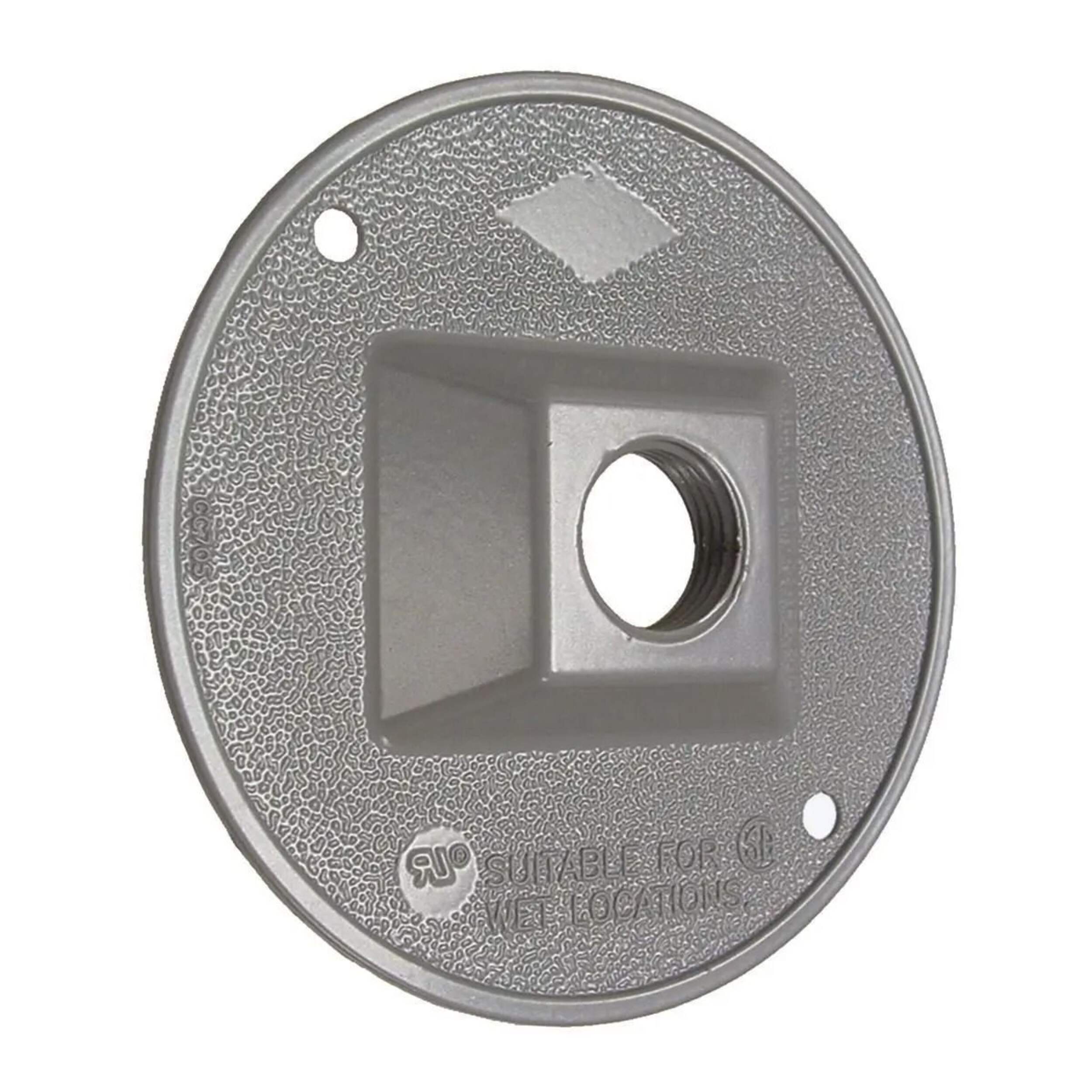 Hubbell 5193-0 Outdoor Round Weatherproof Cluster/Outlet Cover, One 1/2-in Threaded Outlets, Grey Front_Three_Fourths_Angled_Right