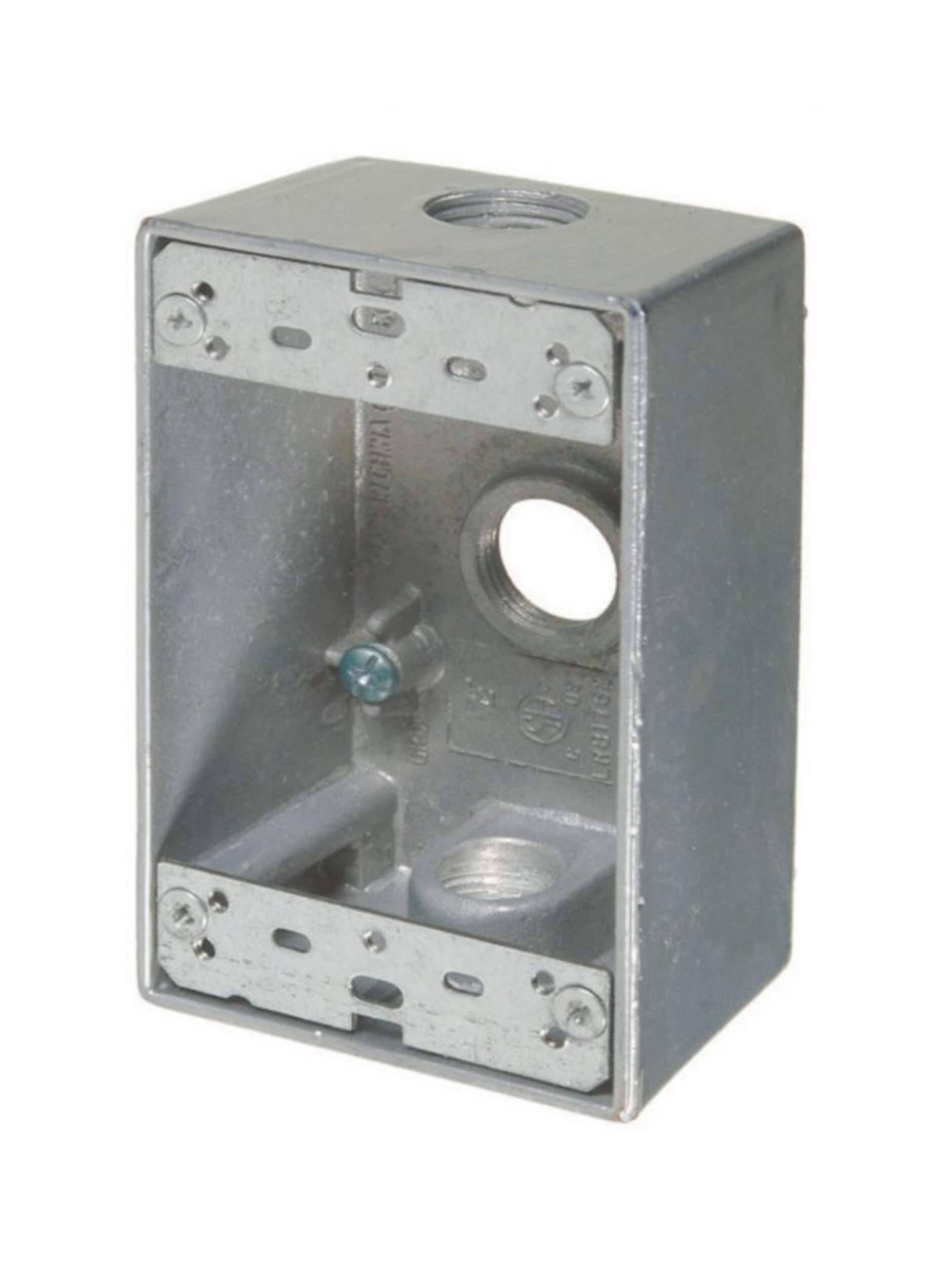 Hubbell 5320-0 1 Gang Weatherproof Outlet Box, Three 1/2-in Threaded Outlets, Grey Front_Angled_Left