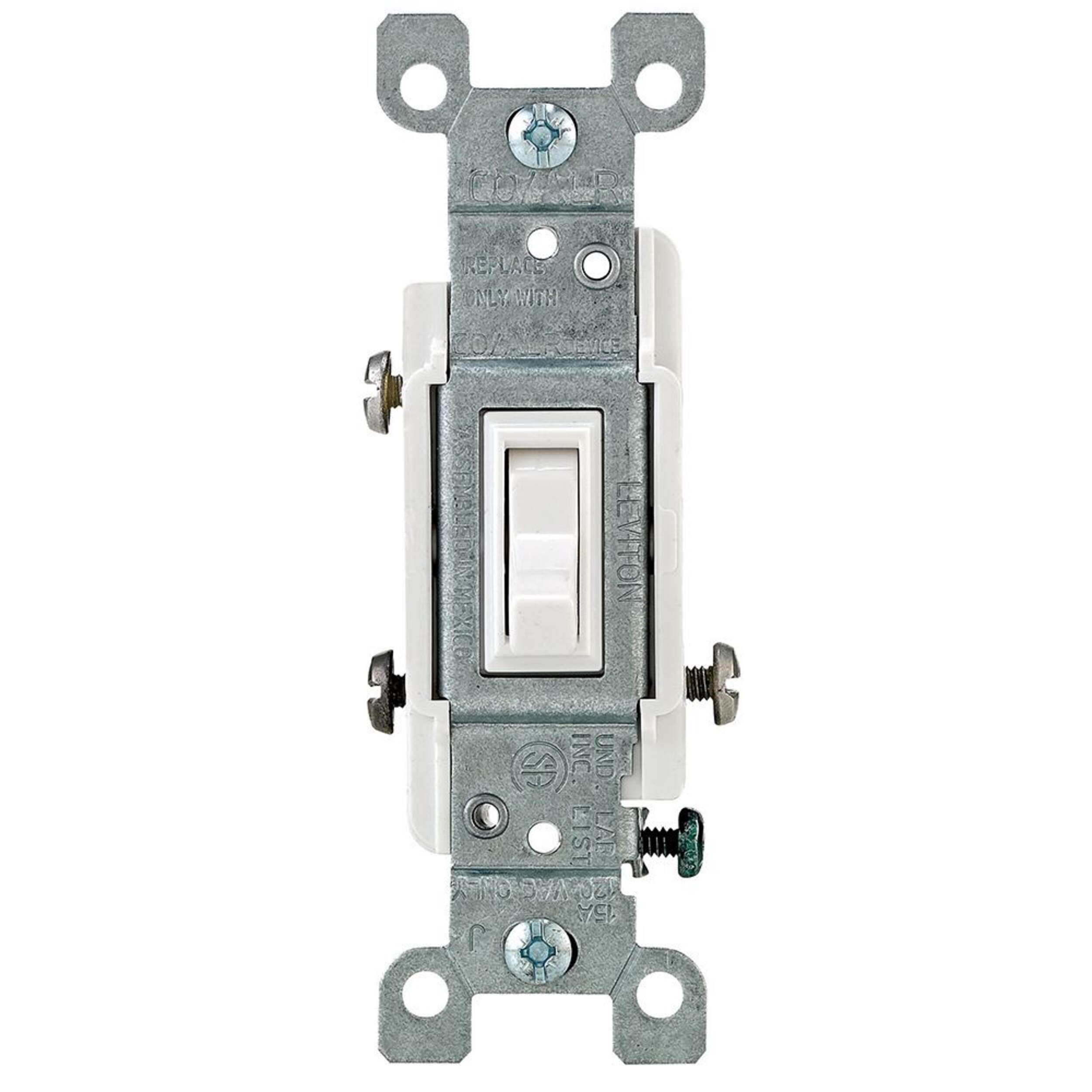 Leviton 02653-732 3-Way CO/ALR AC Toggle Switch, 15A, 120V, Grounding, Residential Grade, White Front_Flat