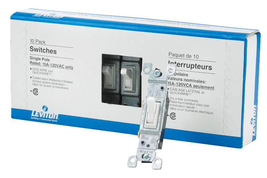 Leviton 01451M24 SinglePole AC Toggle Switch, 15A, 120V, NonGrounding, Residential Grade, 10