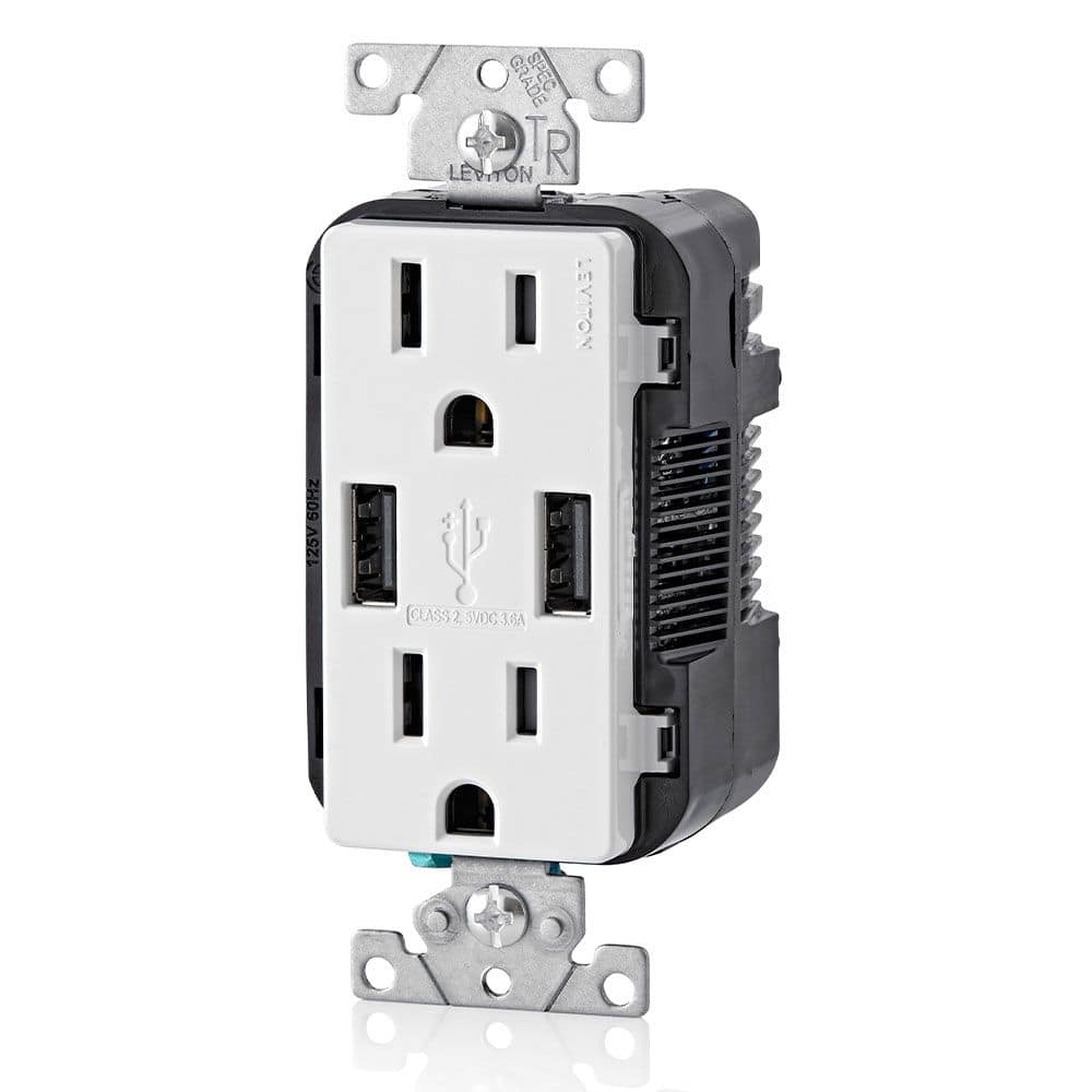 Leviton T5632-722 USB Type-A Wall Outlet Charger with 15A Tamper-Resistant  Receptacles, White