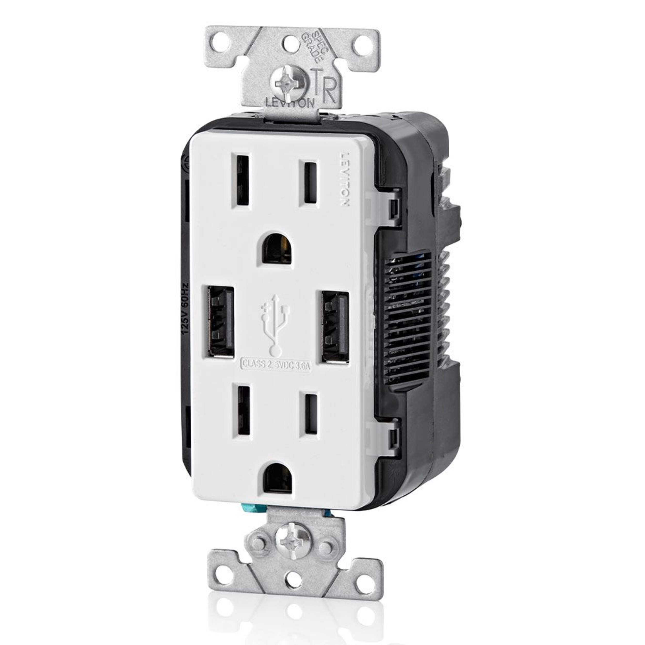 USB Type-A Wall Outlet Charger with 15A Tamper-Resistant Receptacles, White Front_Three_Fourths_Angled_Left