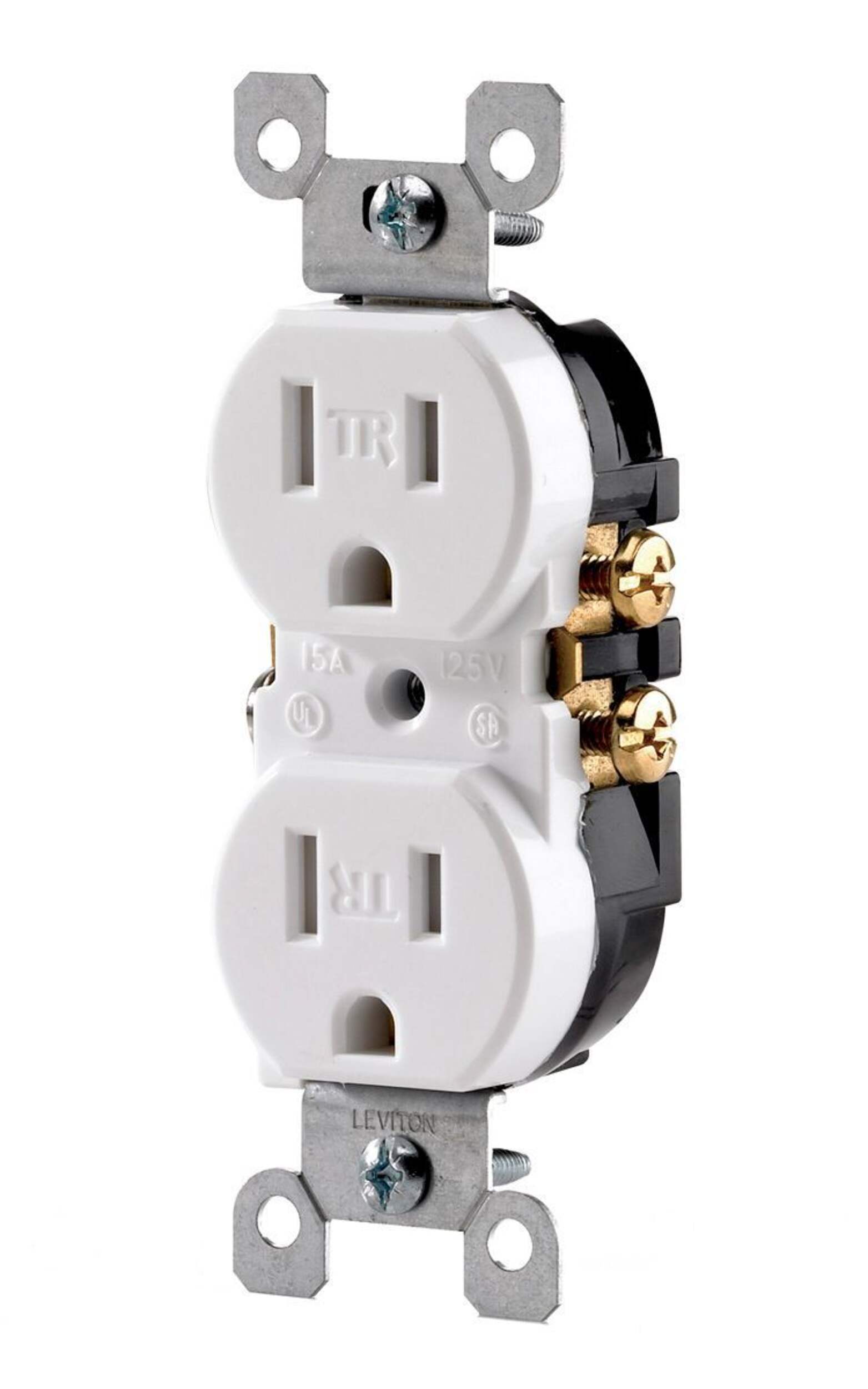 Tamper-Resistant Duplex NEMA 5-15R Outlet, 15A, 125V, Grounding, White Front_Three_Fourths_Angled_Left