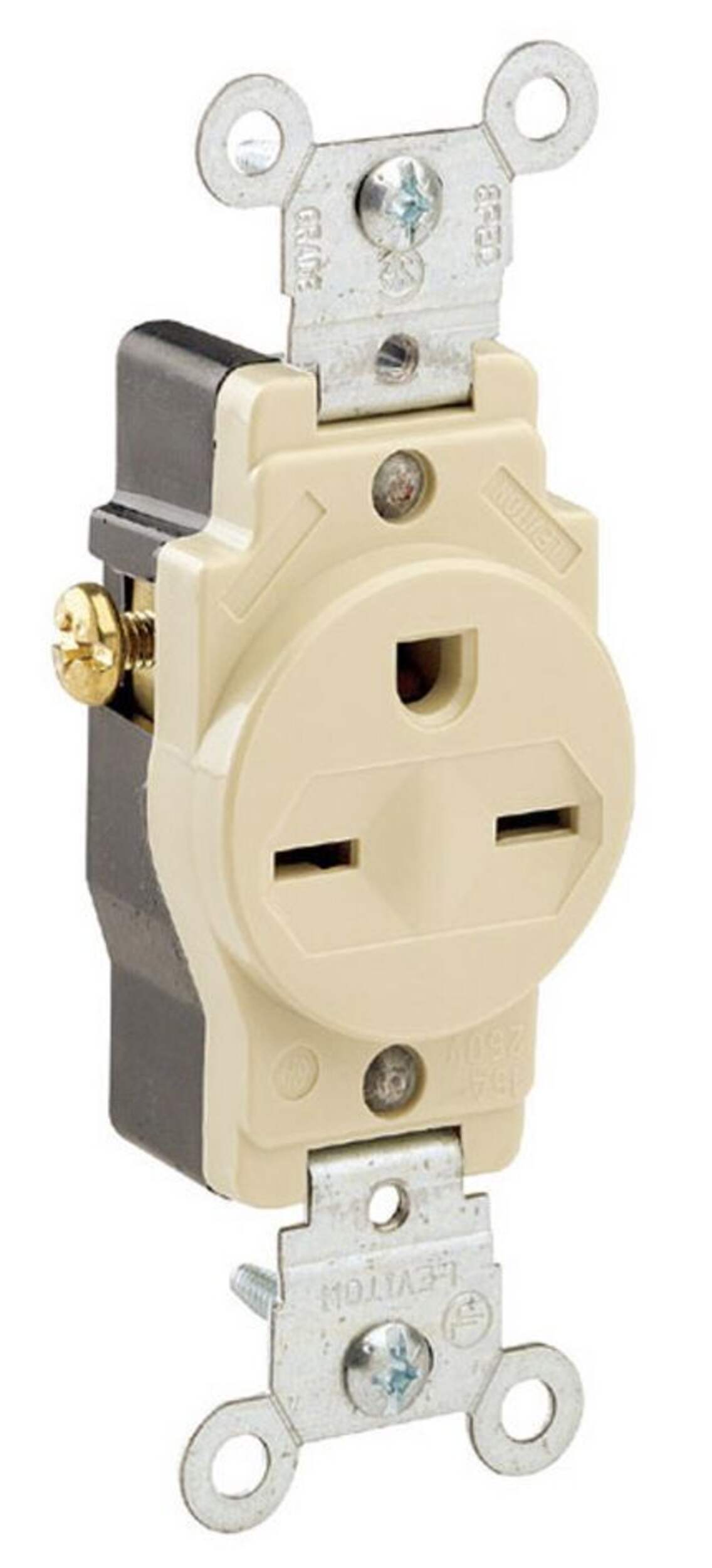 Leviton 05029-751 Narrow Body Single NEMA 6-15R Receptacle, 15A, 250V, Grounding, Commercial Grade, Ivory Front_Angled_Right