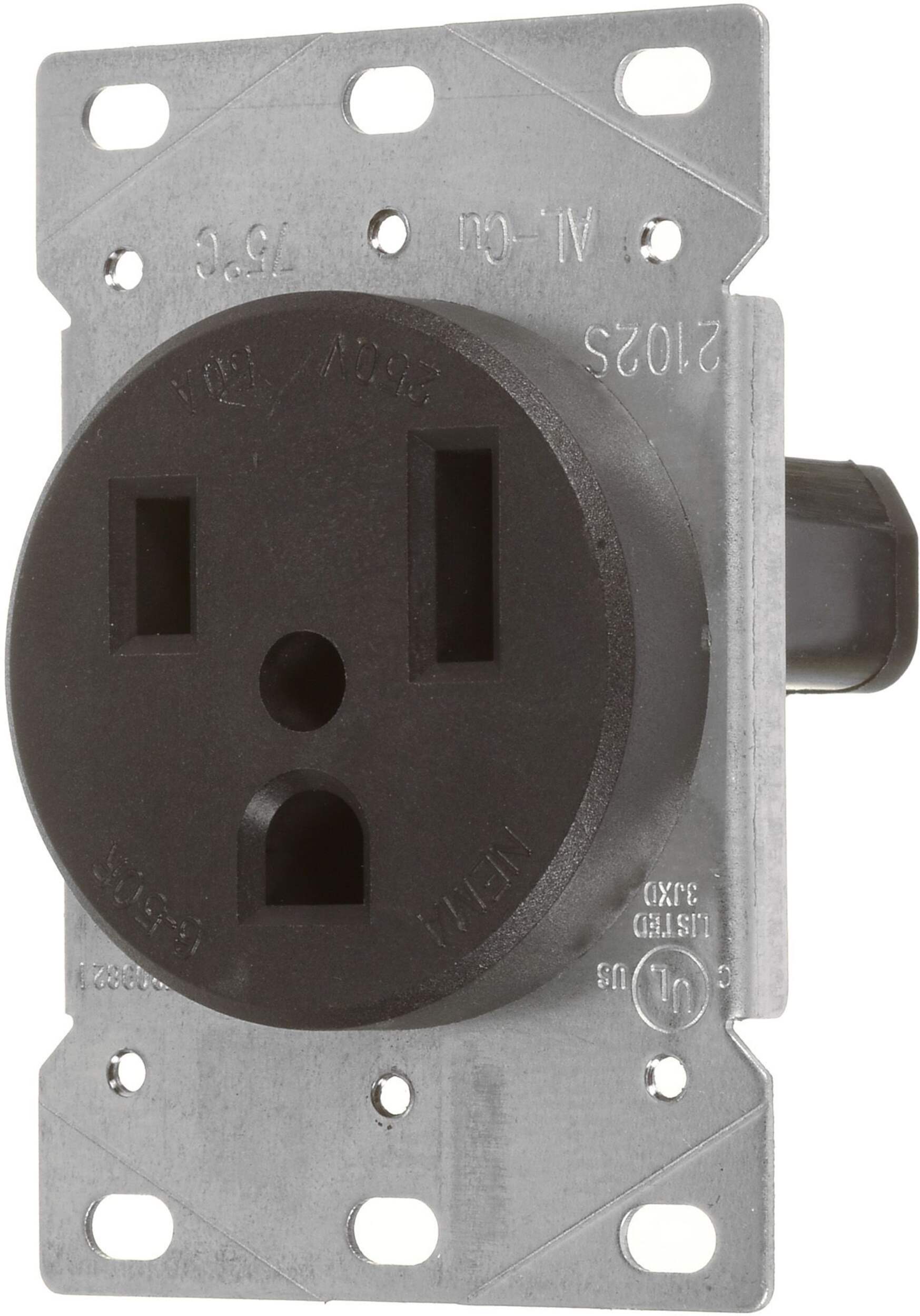 Surface Mount Side Wired NEMA 6-50R Receptacle, 50A, 250V, Grounding, Industrial Grade, Black Front_Angled_Left