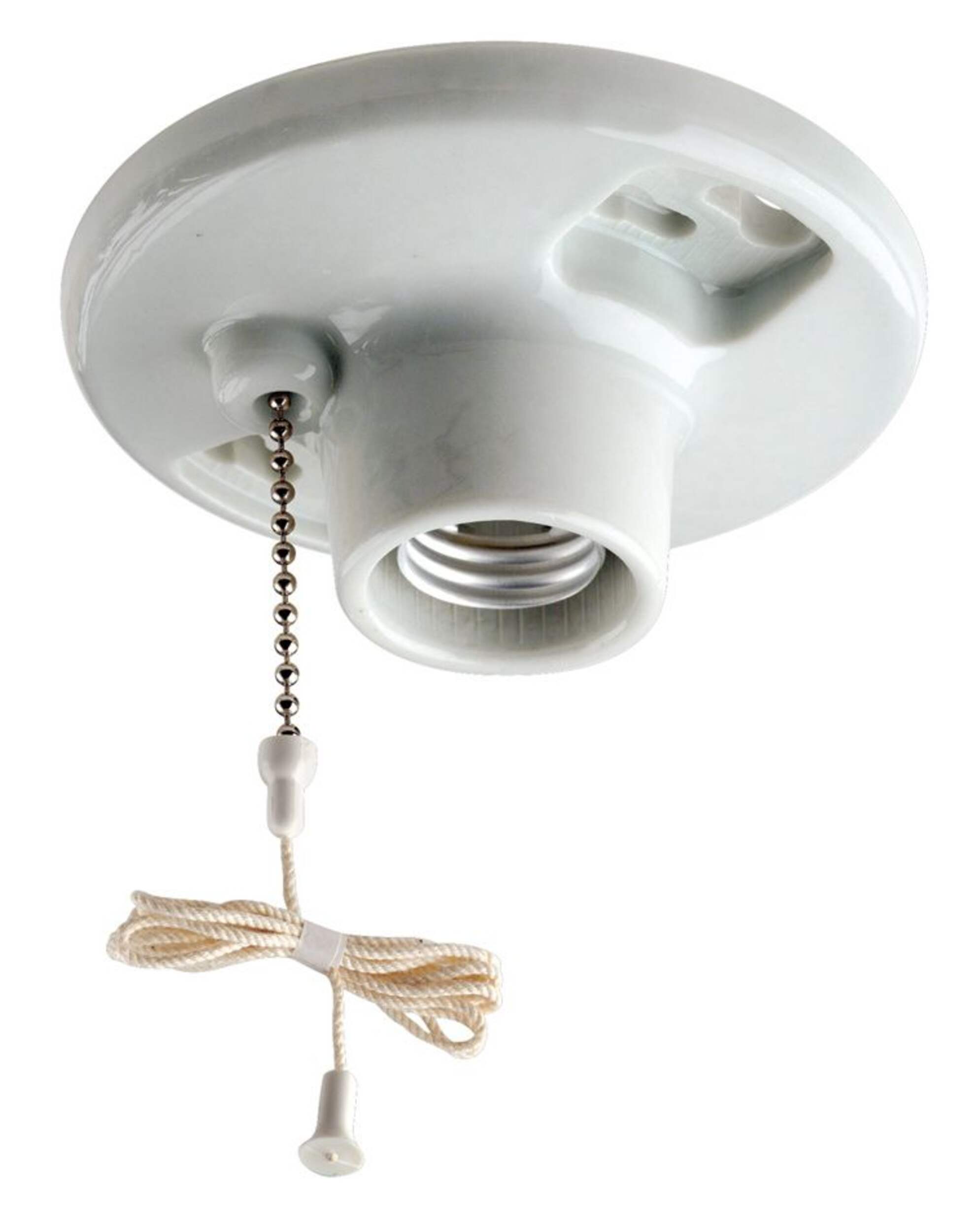 Leviton 29816-730 Glazed Porcelain Outlet Box Mount Lampholder with Pull Chain, 660W, 250V, White Front_Elevated