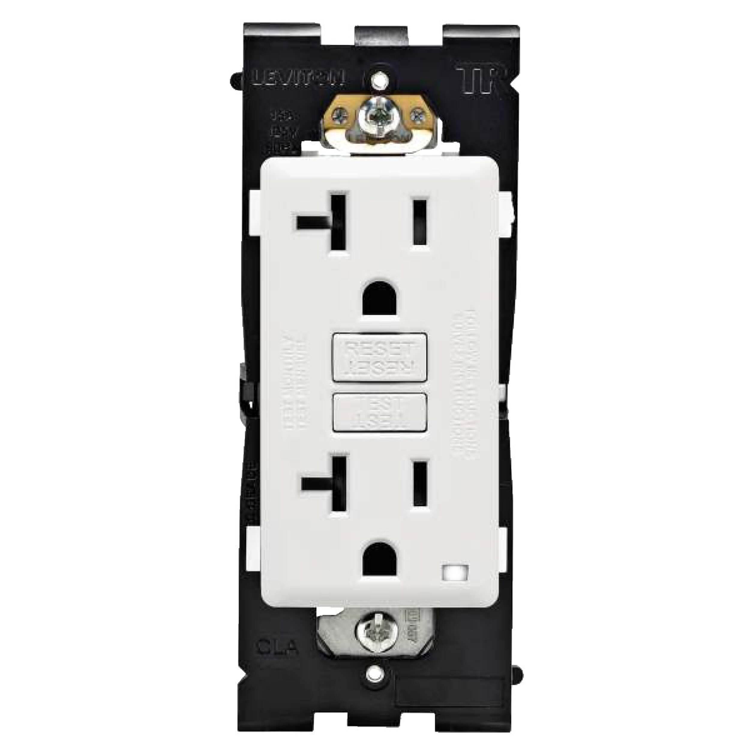 Prise inviolable DFT Leviton RGF20-792 Renu, 20 A, 125 V, fil à mise à la terre automatique, blanc, plaque murale non incluse Front_Flat