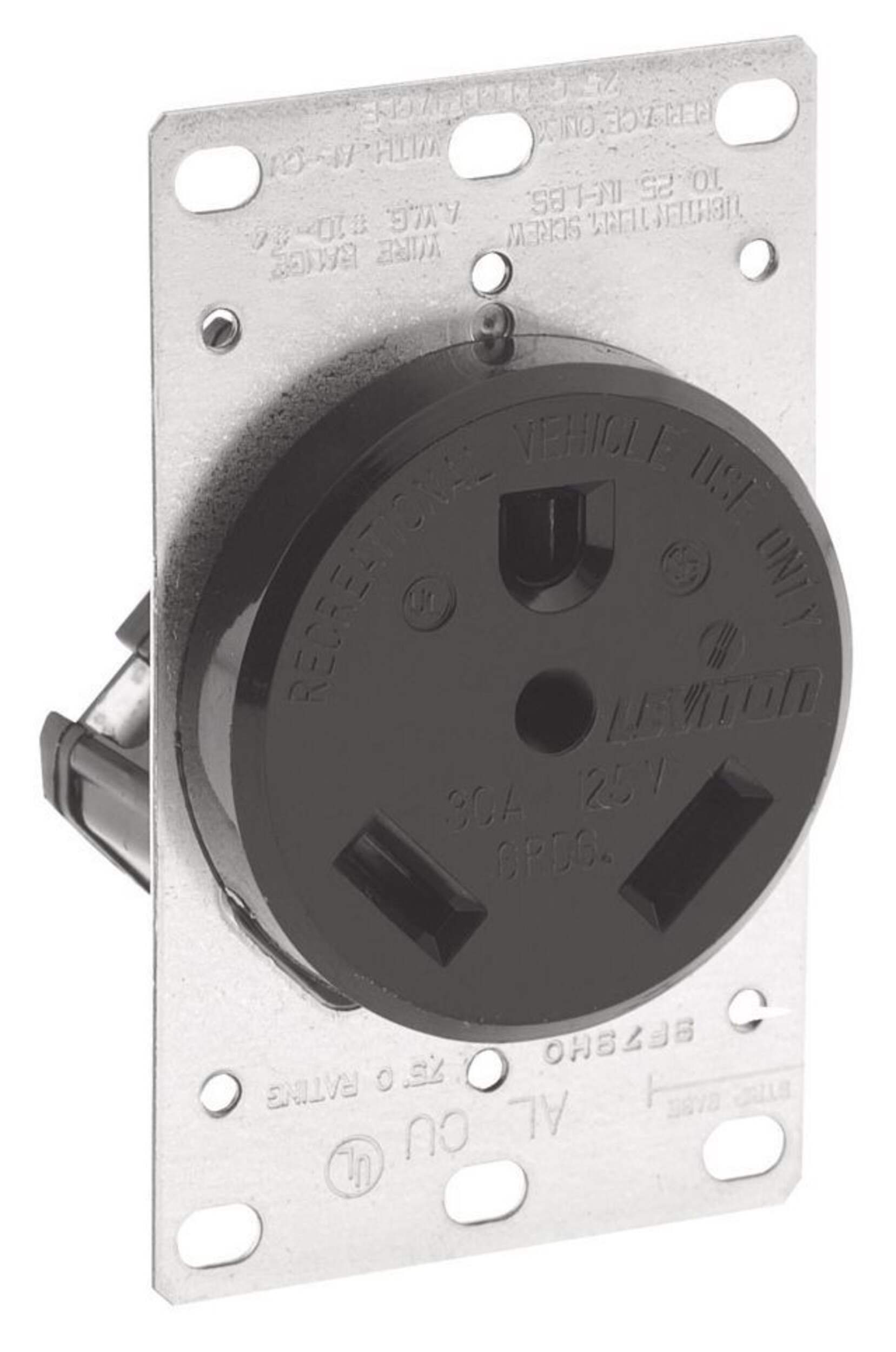 Leviton Flush Mount NEMA TT-30R Receptacle For Recreational Vehicles, 30A, 125V, Grounding, Industrial Use, Black Front_Angled_Right