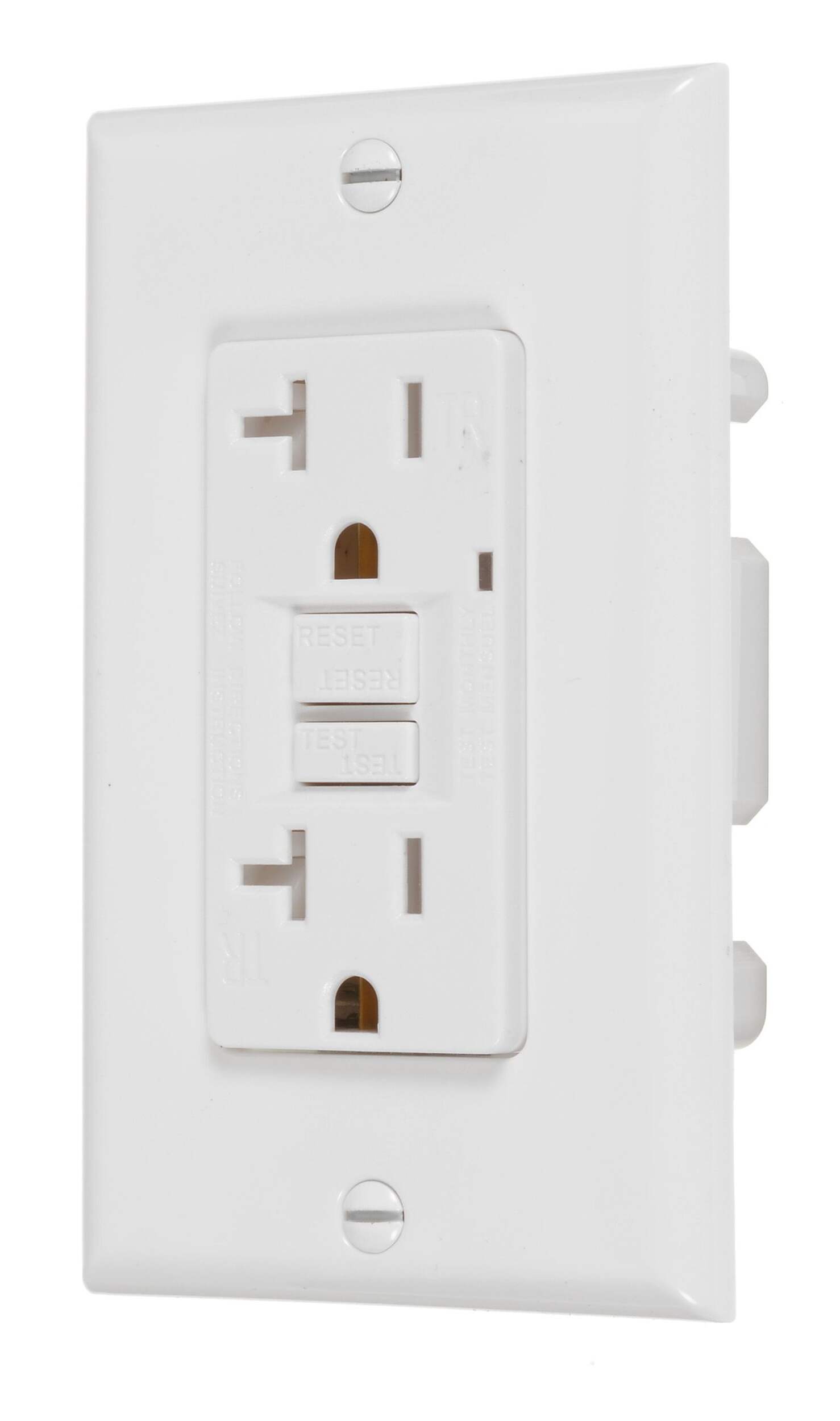 GFCI NEMA 5-20R Receptacle, 20A, 125V, Self-Grounding Clip, White Front_Angled_Left
