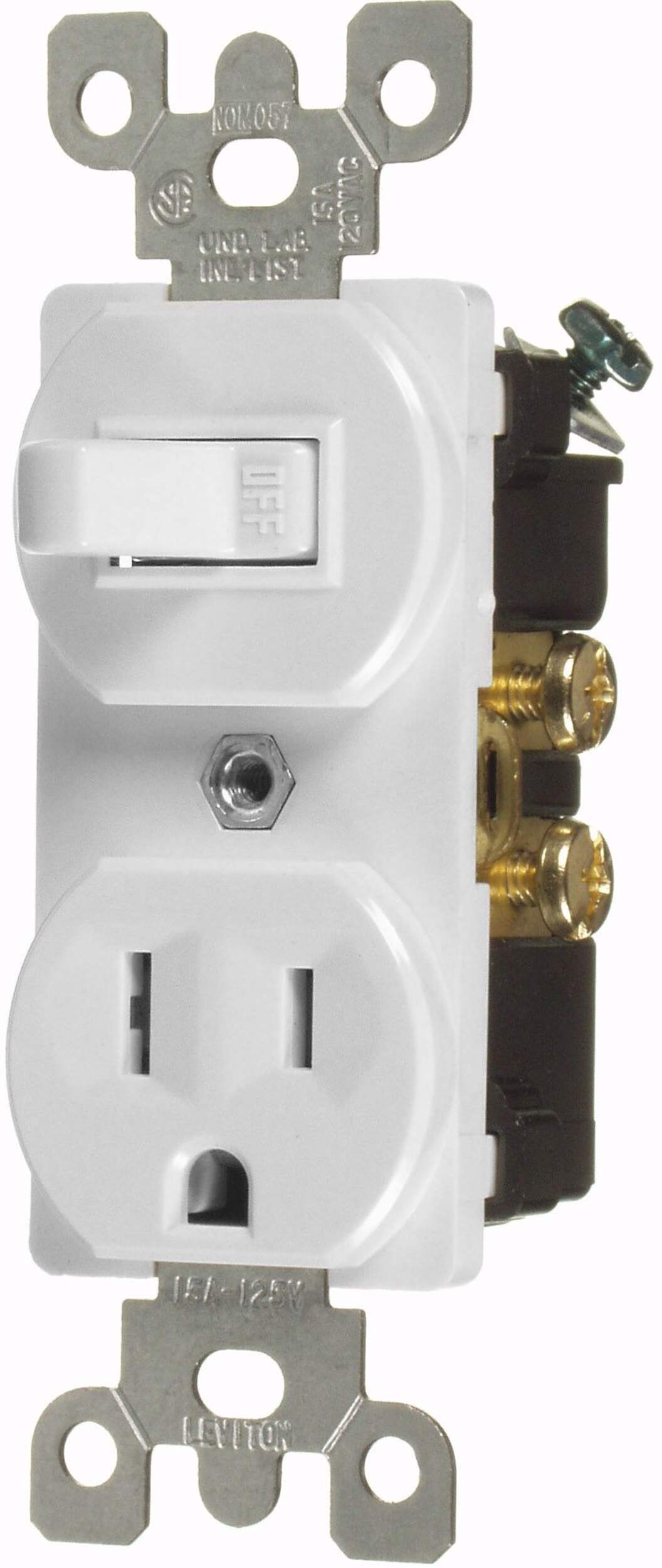Interrupteur 5-15R unipolaire double, mise à la terre, qualité commerciale, blanc Front_Angled_Left