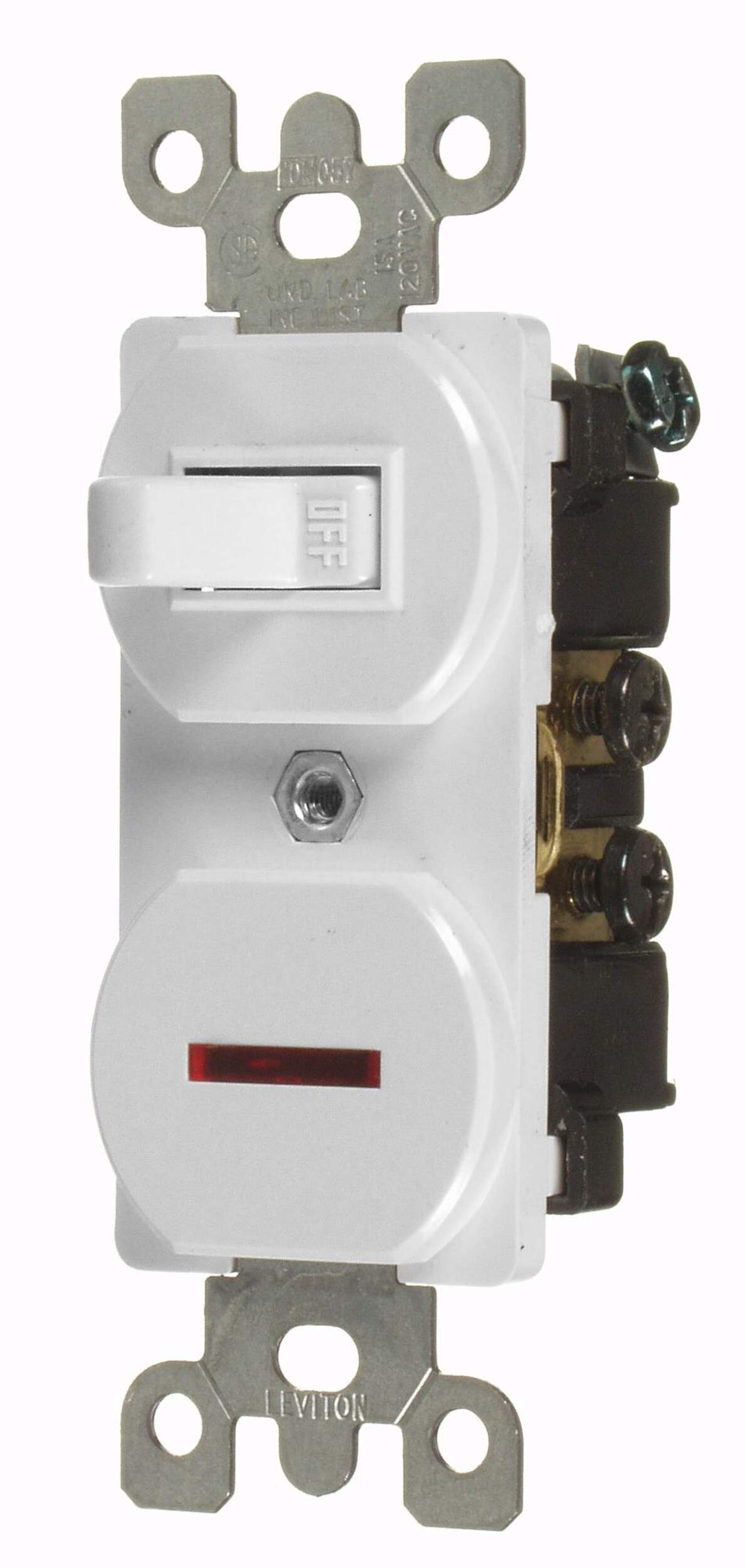 Duplex Style Single-Pole Neon Pilot Combination Switch, 15A, 120V, Non-Grounding, Commercial Grade, White Front_Angled_Left