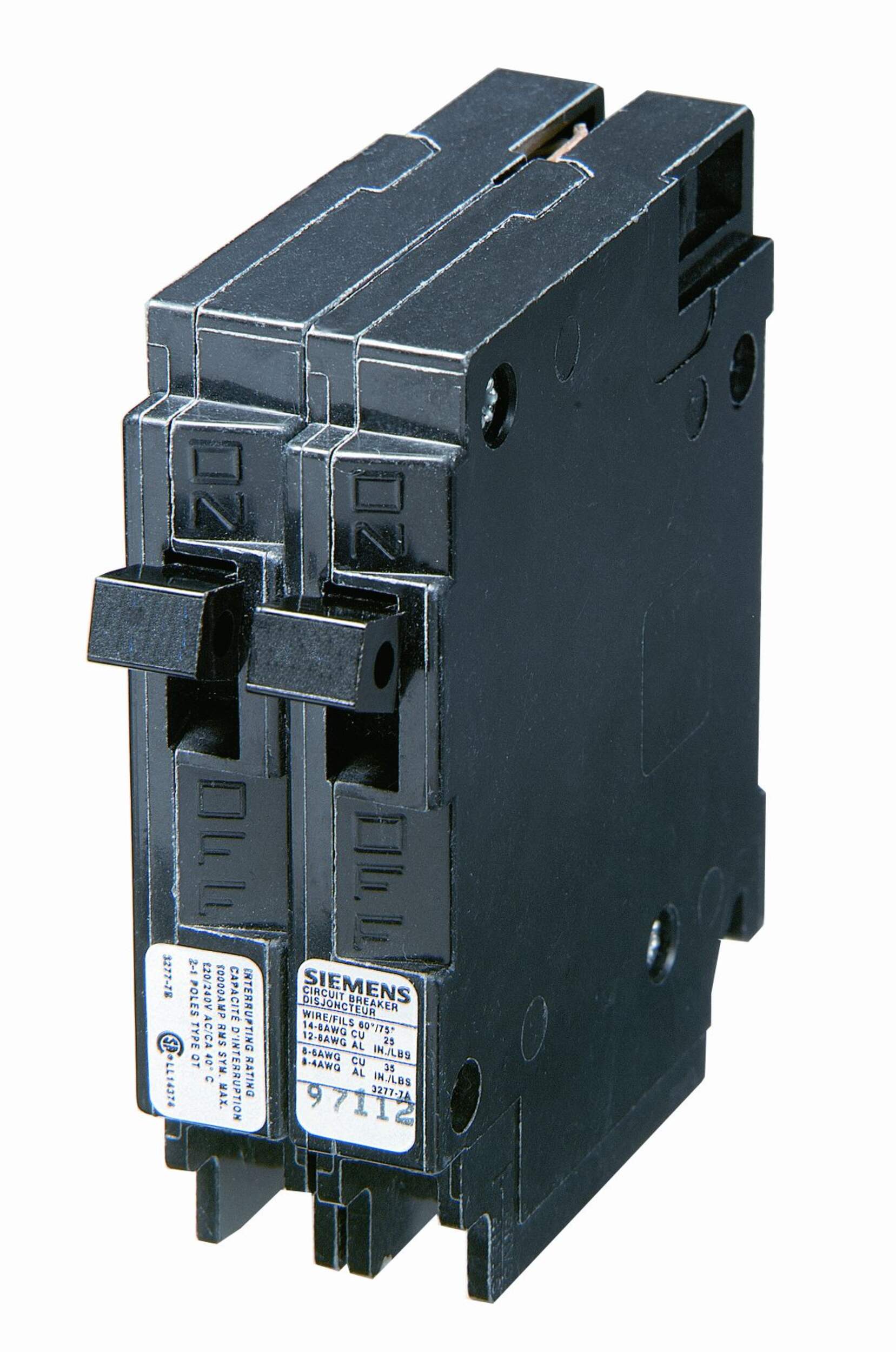 SIEMENS Q1515NC Space Saving Type Q Breaker, Black, 15A, 120V, 1 Pole Front_Angled_Left