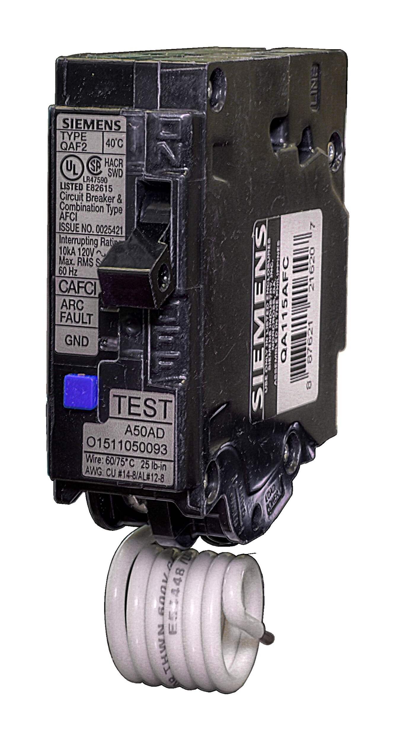 SIEMENS QA115AFCCSA Combination Arc Fault AFCI Breaker, Black, 15A, 1 Pole Front_Angled_Left