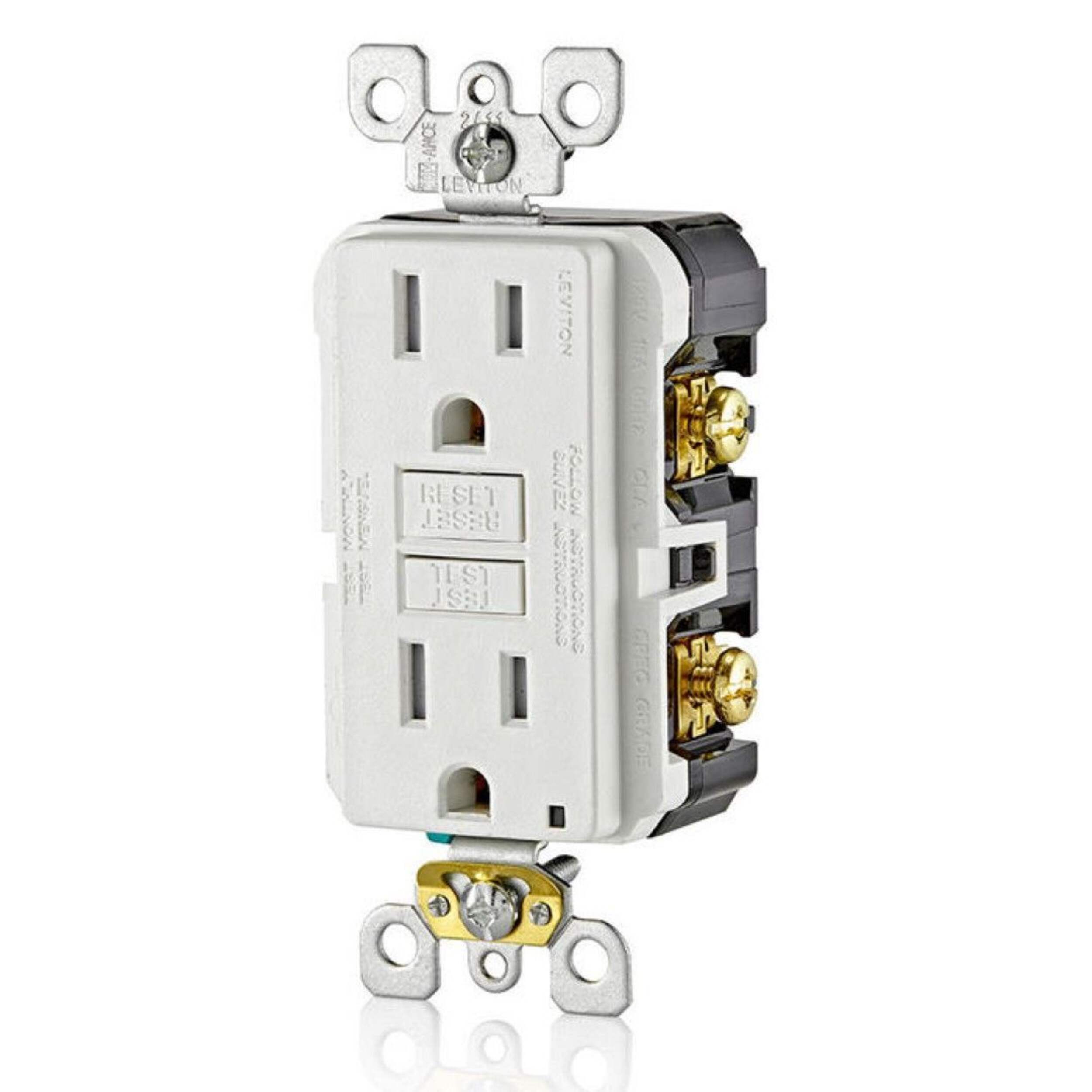 Prise électrique DDFT inviolable Leviton GFTR1-M92 Decora SmartlockPro, 15 A, 125 V, blanc, paq. 3 Front_Angled_Left