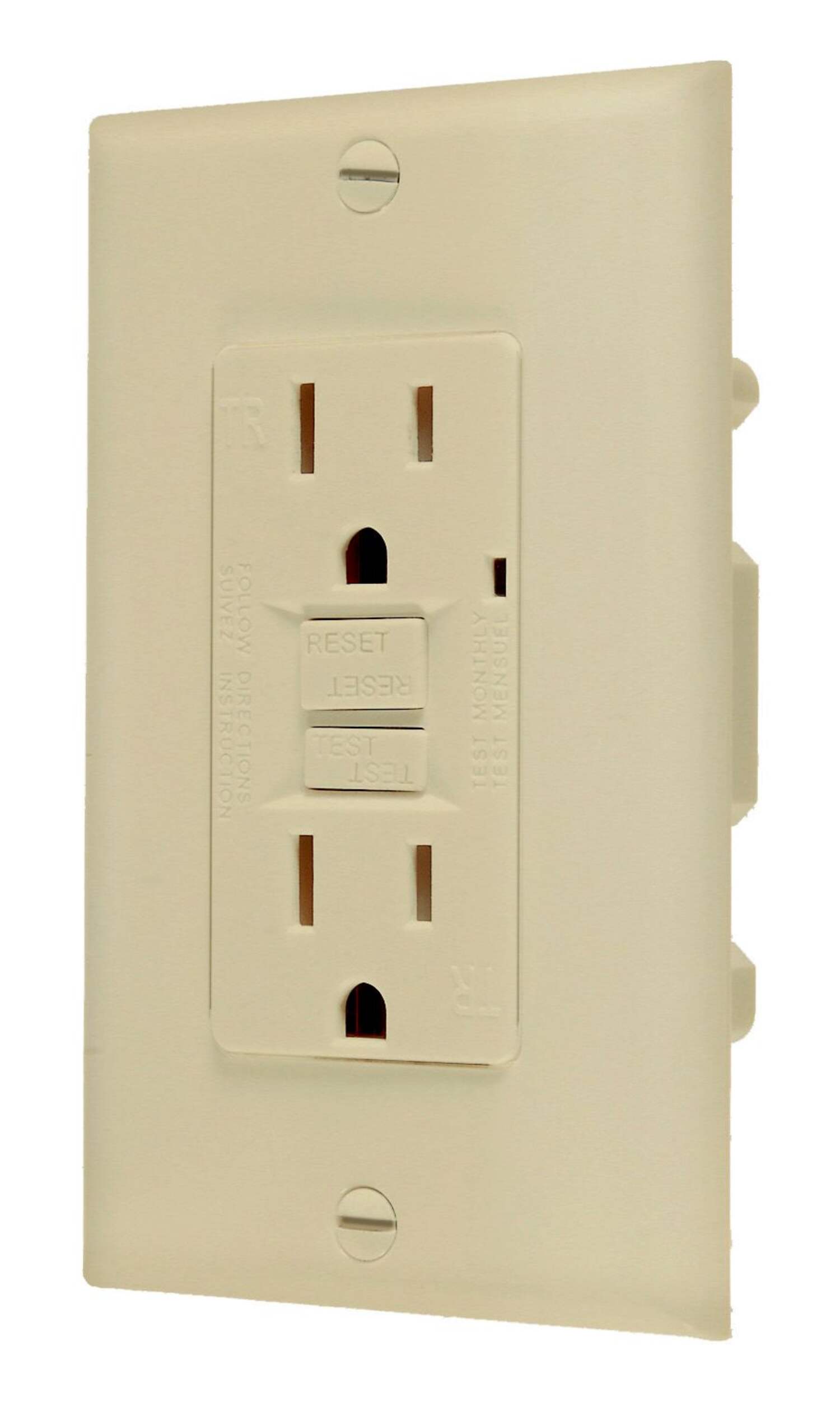 Vista GFCI Outlet, 15A, 125V, Ivory Front_Angled_Left