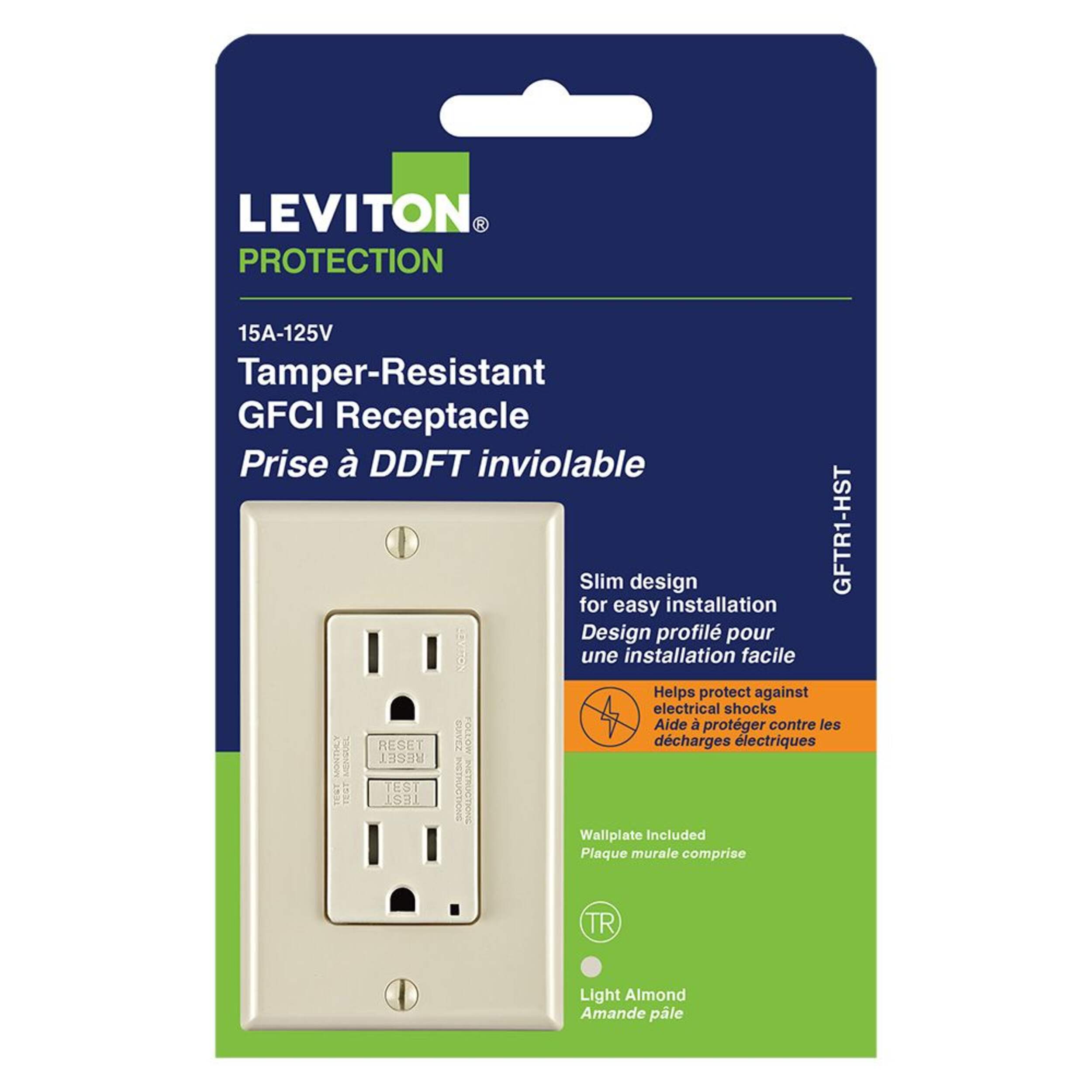 Leviton Self-Test Smart Lock Pro GFCI NEMA 5-15R Receptacle, 15A, 125V, Beige Front_Flat