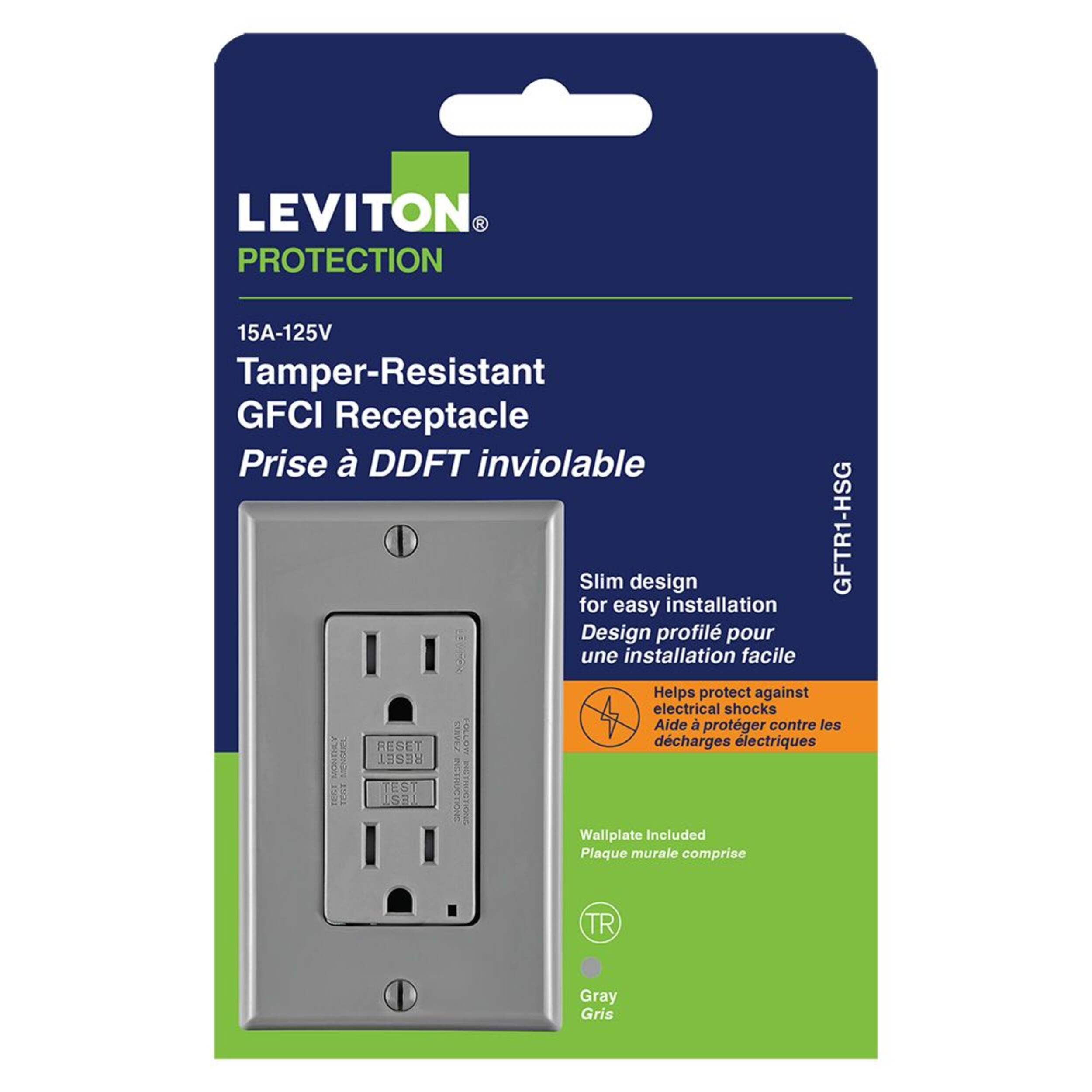 Leviton Self-Test Smart Lock Pro GFCI NEMA 5-15R Receptacle, 15A, 125V, Grey Front_Flat