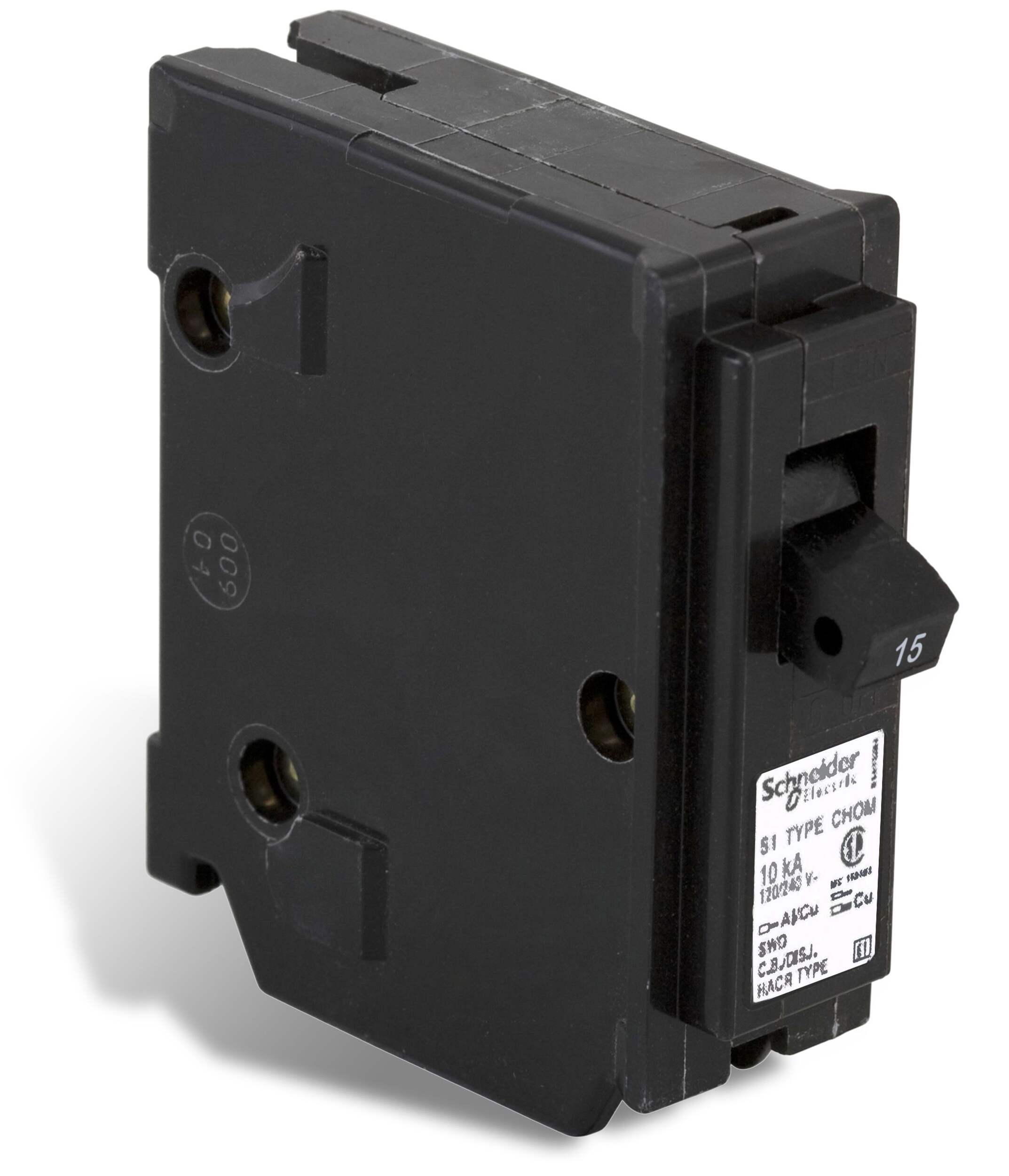 Homeline CHOM115CP Mini Plug-On Circuit Breaker, Black, 15A, 1 Pole Front_Angled_Right