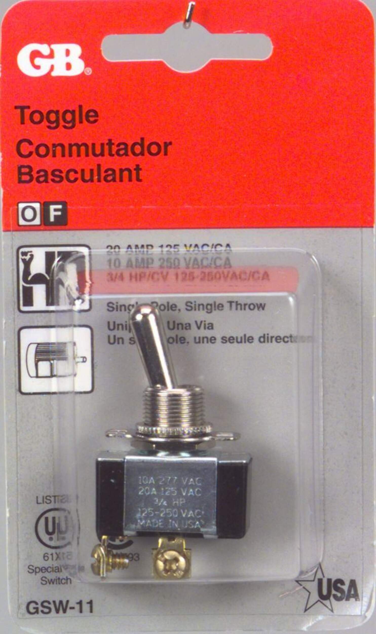 GARDNER BENDER GSW11 SPST OnOff Toggle Switch, Single Pole, 0.75hp