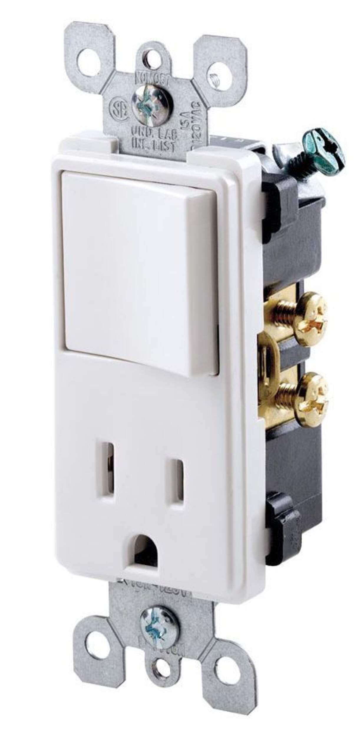 Interrupteur unipolaire Decorator, réceptacle/prise inviolable, 15 A, 120 V, blanc Front_Three_Fourths_Angled_Left