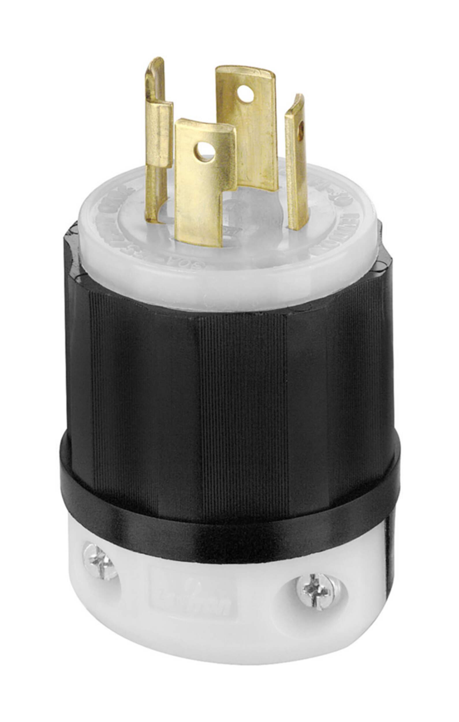 Leviton 02711-749 Industrial Locking Plug, 30 Amp, 125/250 Volt, Grounding, Black/White Front_Angled_Left