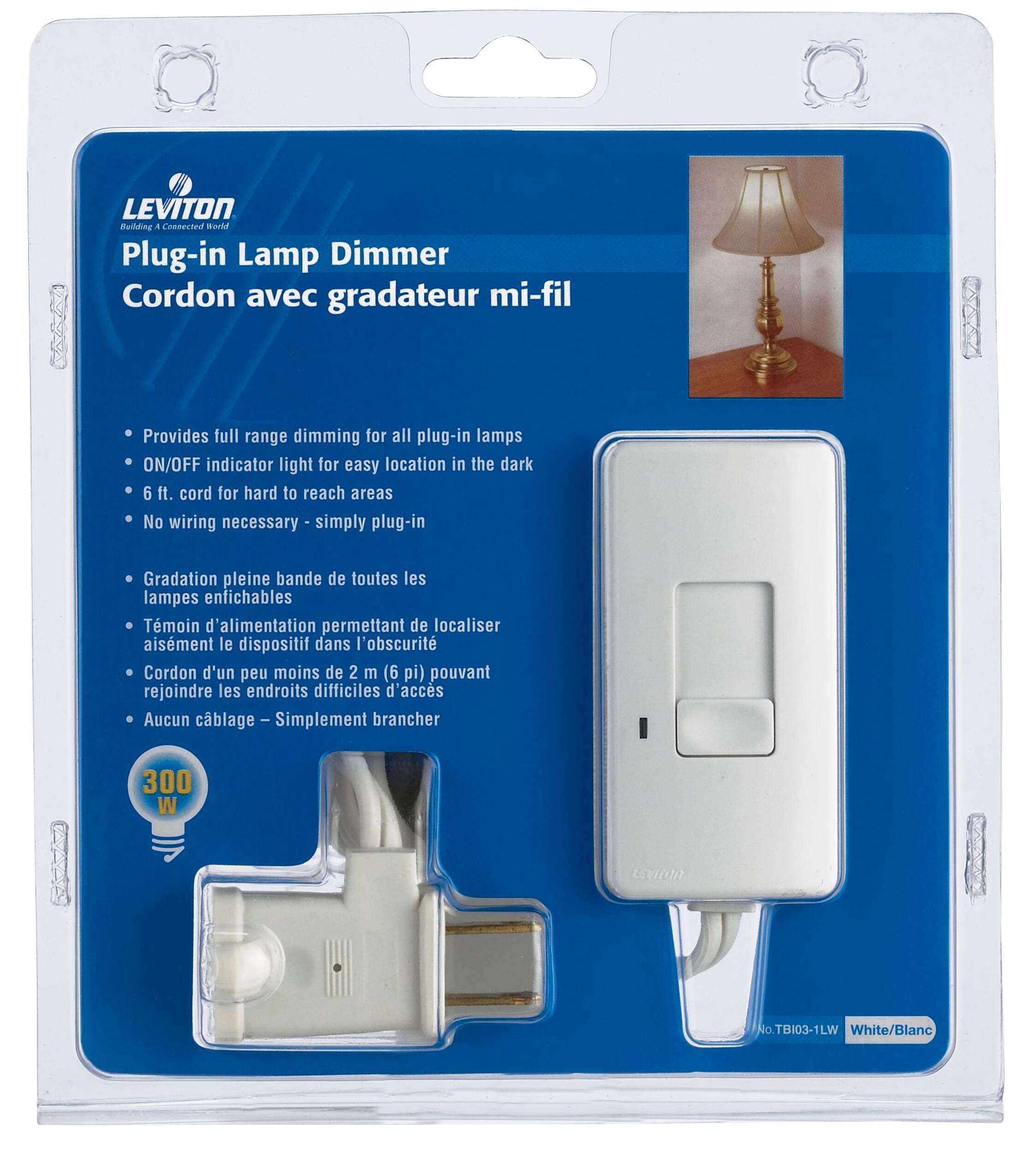 Leviton TBL03-722 Plug-In Lamp Dimmer with 6' Cord, White Front_Flat