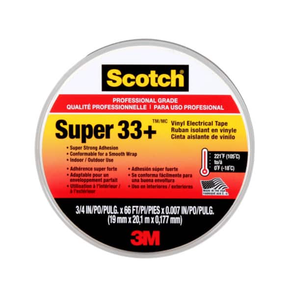 Scotch Super 33 Plus Vinyl Electrical Tape 0.75" Width x 66 ft Length Rubber 