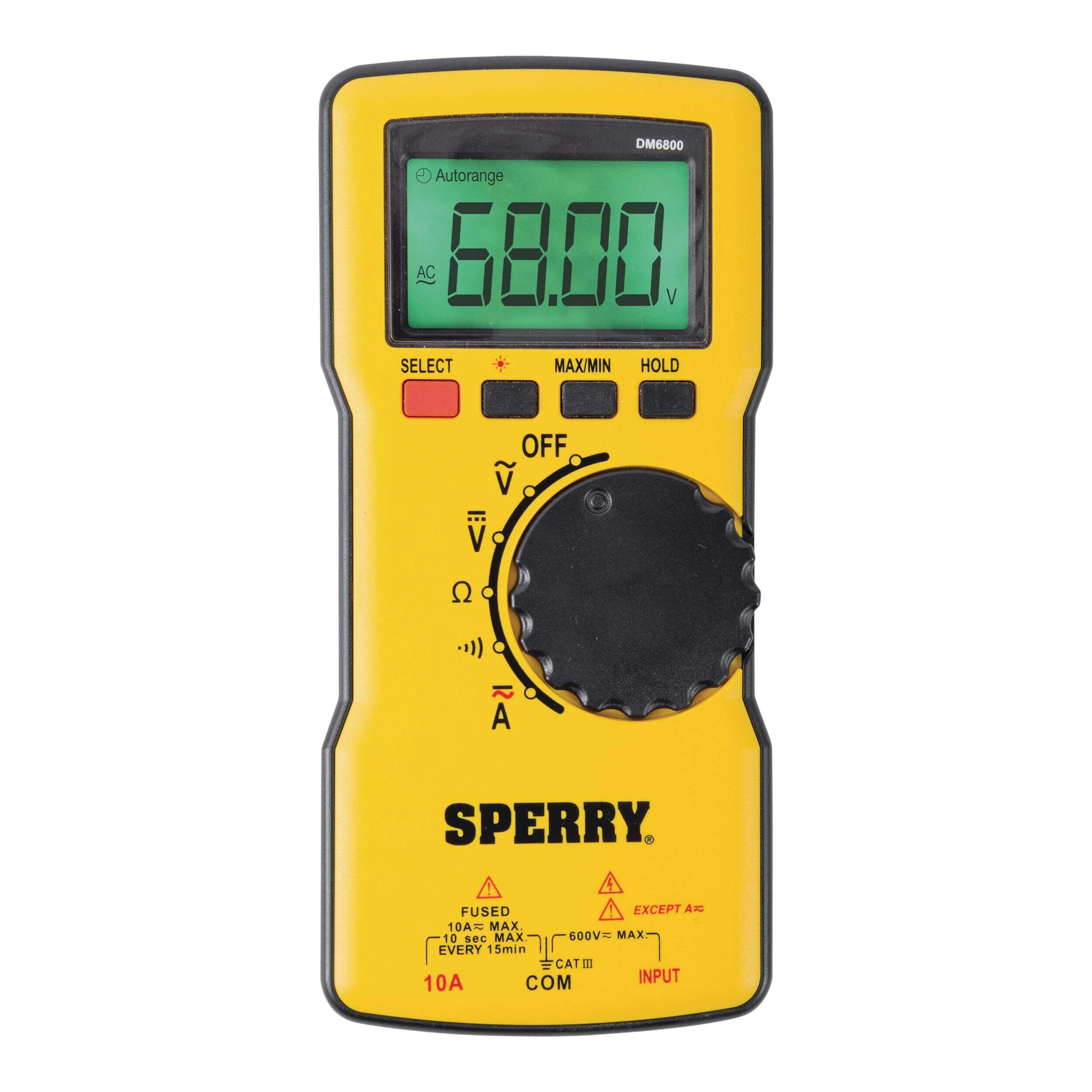Sperry DM6800 Thin Autoranging Digital Multimeter, 600 V AC/DC, 10A Current, Continuity, Resistance, Yellow Front_Flat