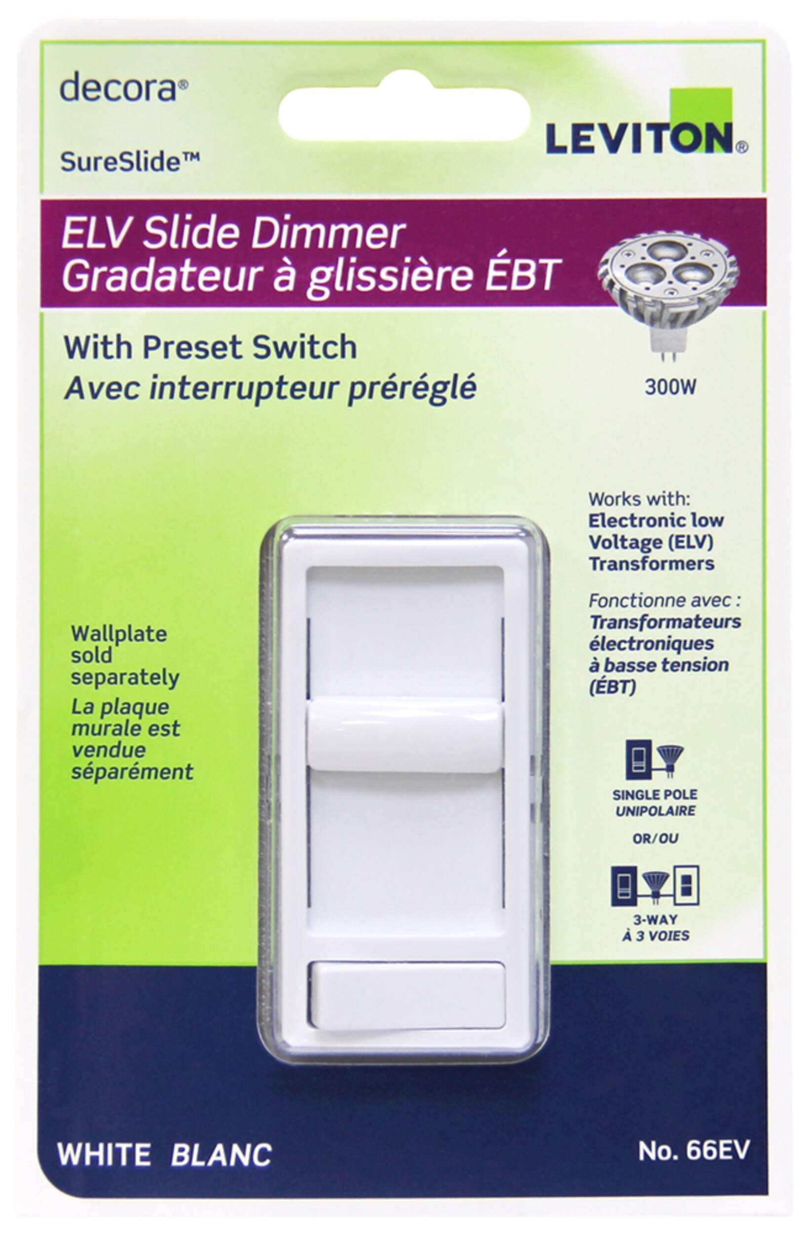 Leviton 066EV-742 Decora SureSlide ELV Slide Dimmer, 300 W Incandescent, LED, CFL and ELV, White Front_Flat