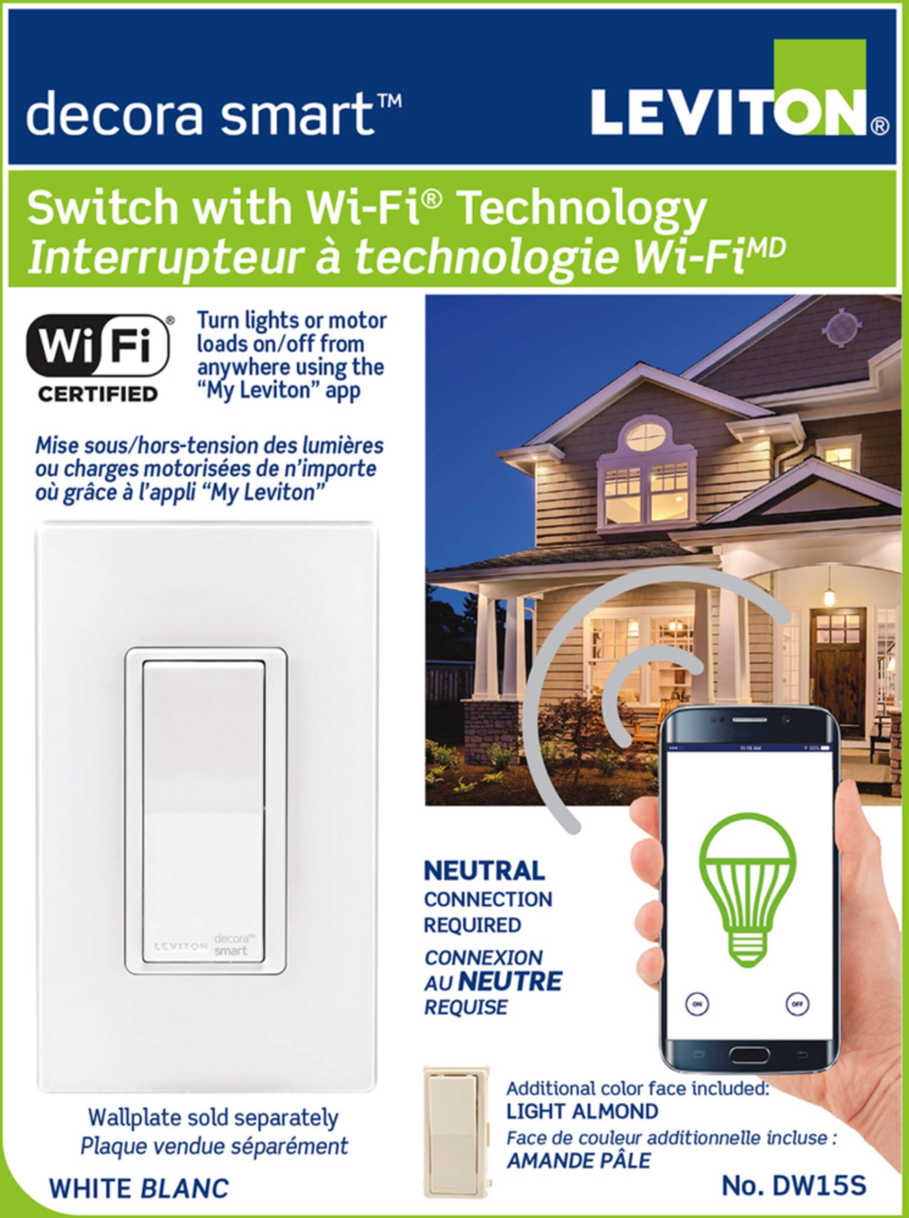 Leviton DW15S702 Decora Smart Switch with WiFi Technology, CFL and