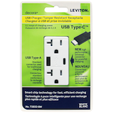 Leviton T5833-742 USB Type A/Type-C Wall Outlet Charger with 20A Tamper-Resistant Receptacles, White Front_Flat