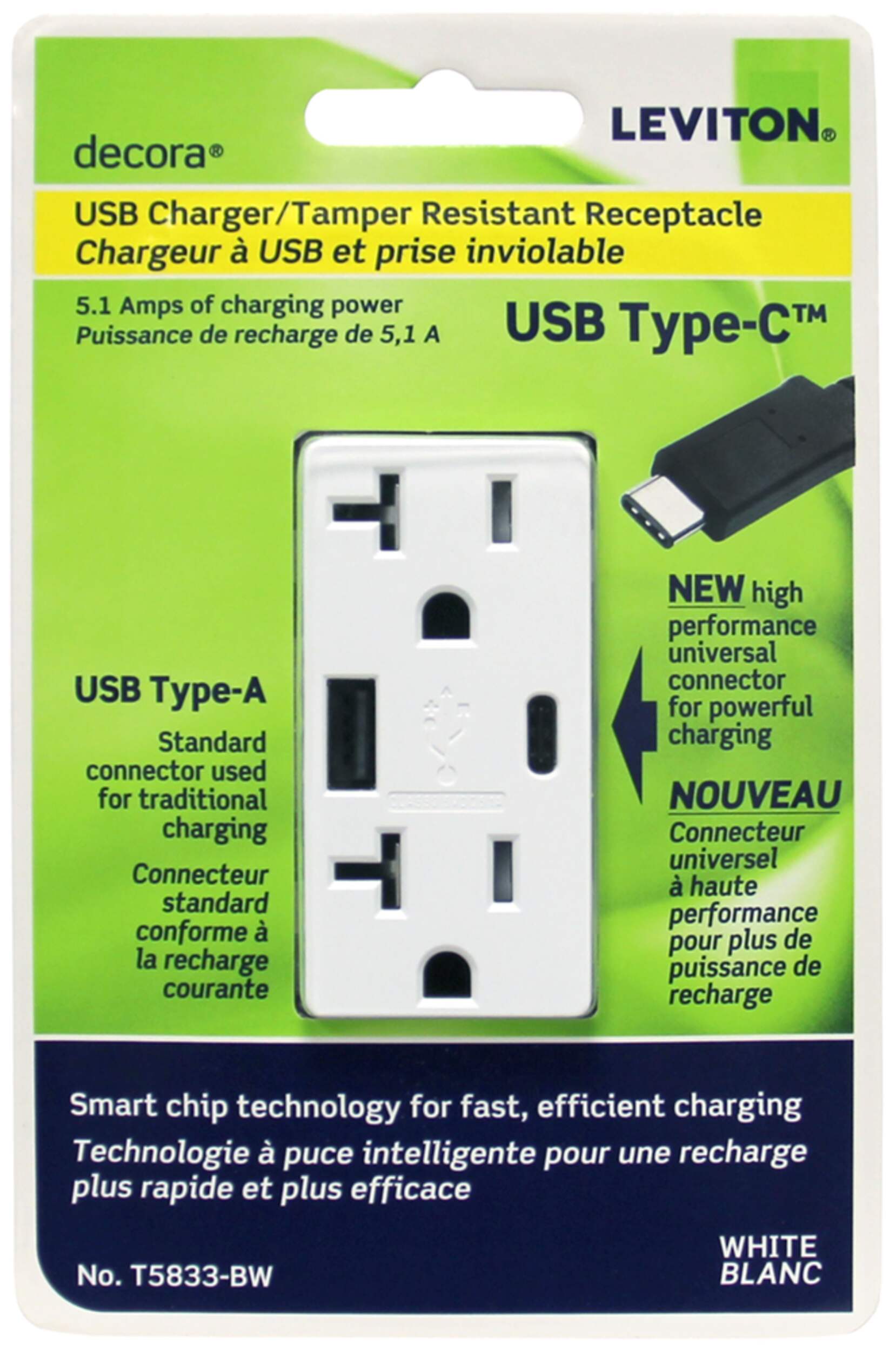 Leviton T5833-742 USB Type A/Type-C Wall Outlet Charger with 20A Tamper-Resistant Receptacles, White Front_Flat