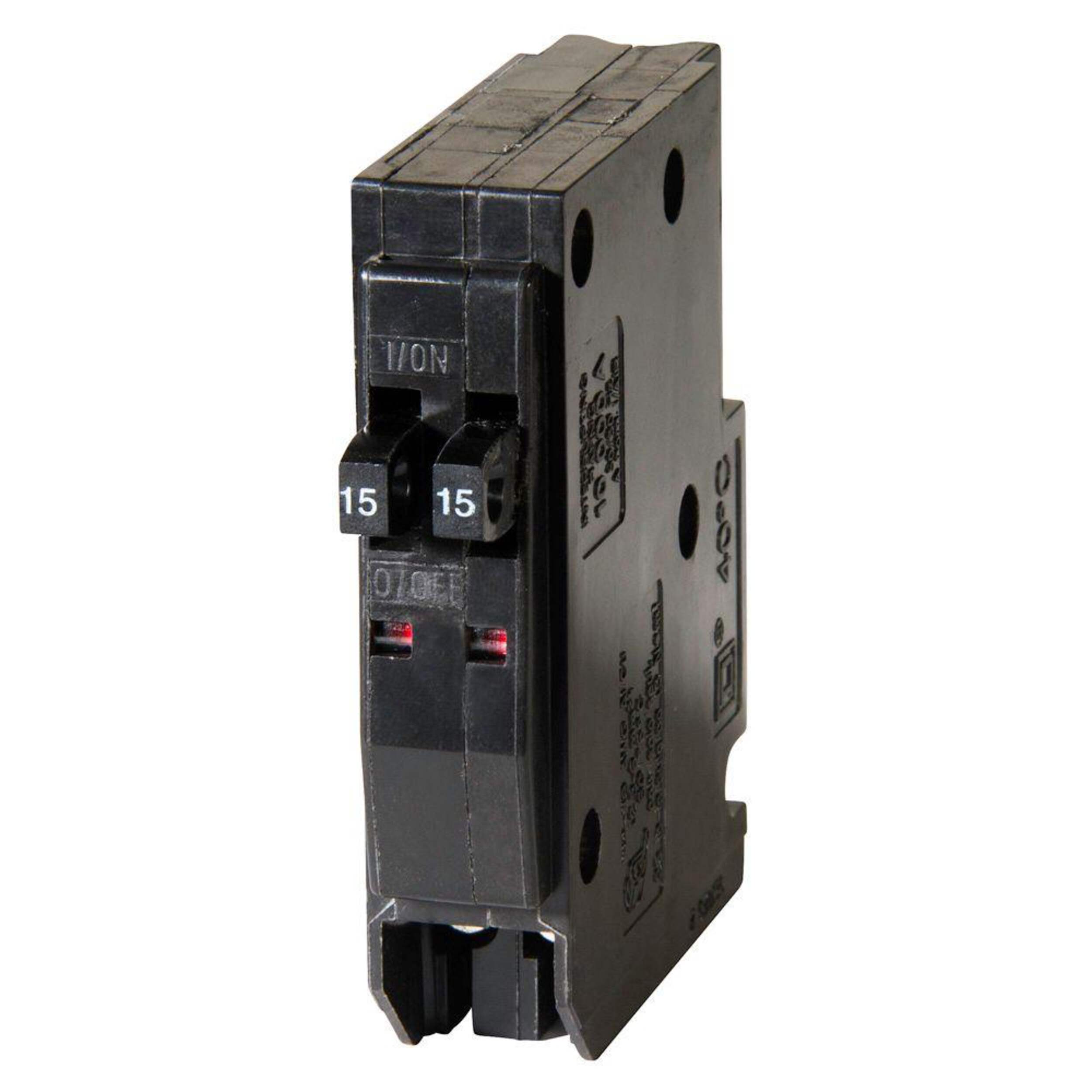 Square D QO1515CP QO Tandem Circuit Breaker, Black, 15A, 120V, 1 Pole Front_Three_Fourths_Angled_Left