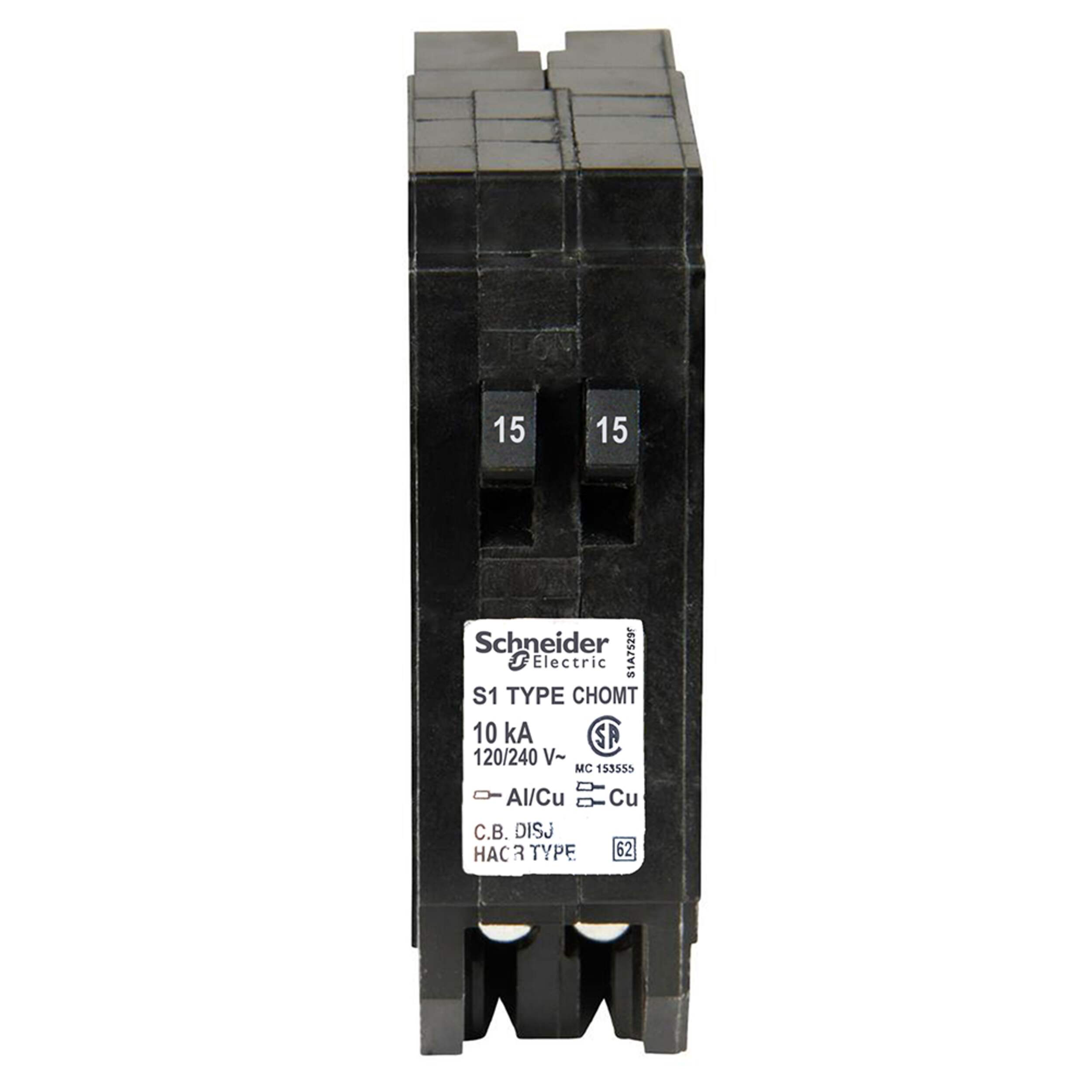 Disjoncteur en tandem unipolaire résidentiel HomeLine Square D CHOMT1515CP, noir, 15/15 A, 120 V, 1 pôle Front_Elevated