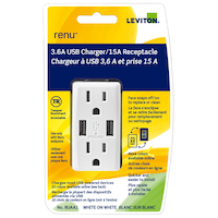 Leviton RUAA1-742 USB Type-A Wall Outlet Charger with 15A Tamper-Resistant Receptacle, White Front_Flat