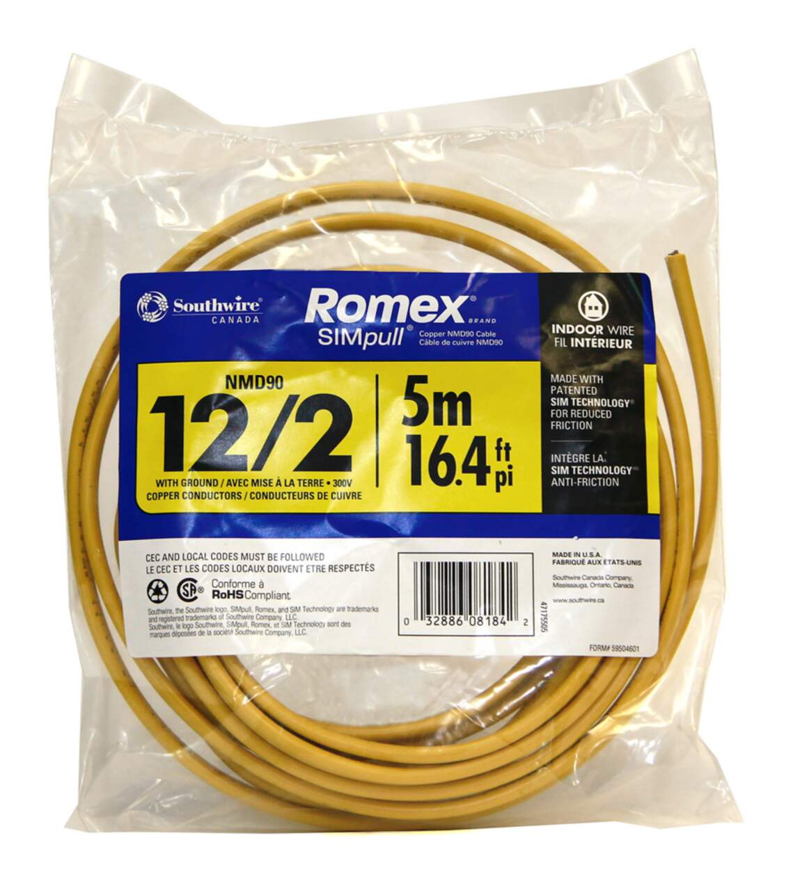 Southwire 47175505 Romex® SIMpull NMD90 Copper Wire Electrical Cable with  Ground, 12-3, Yellow, 16.4-ft