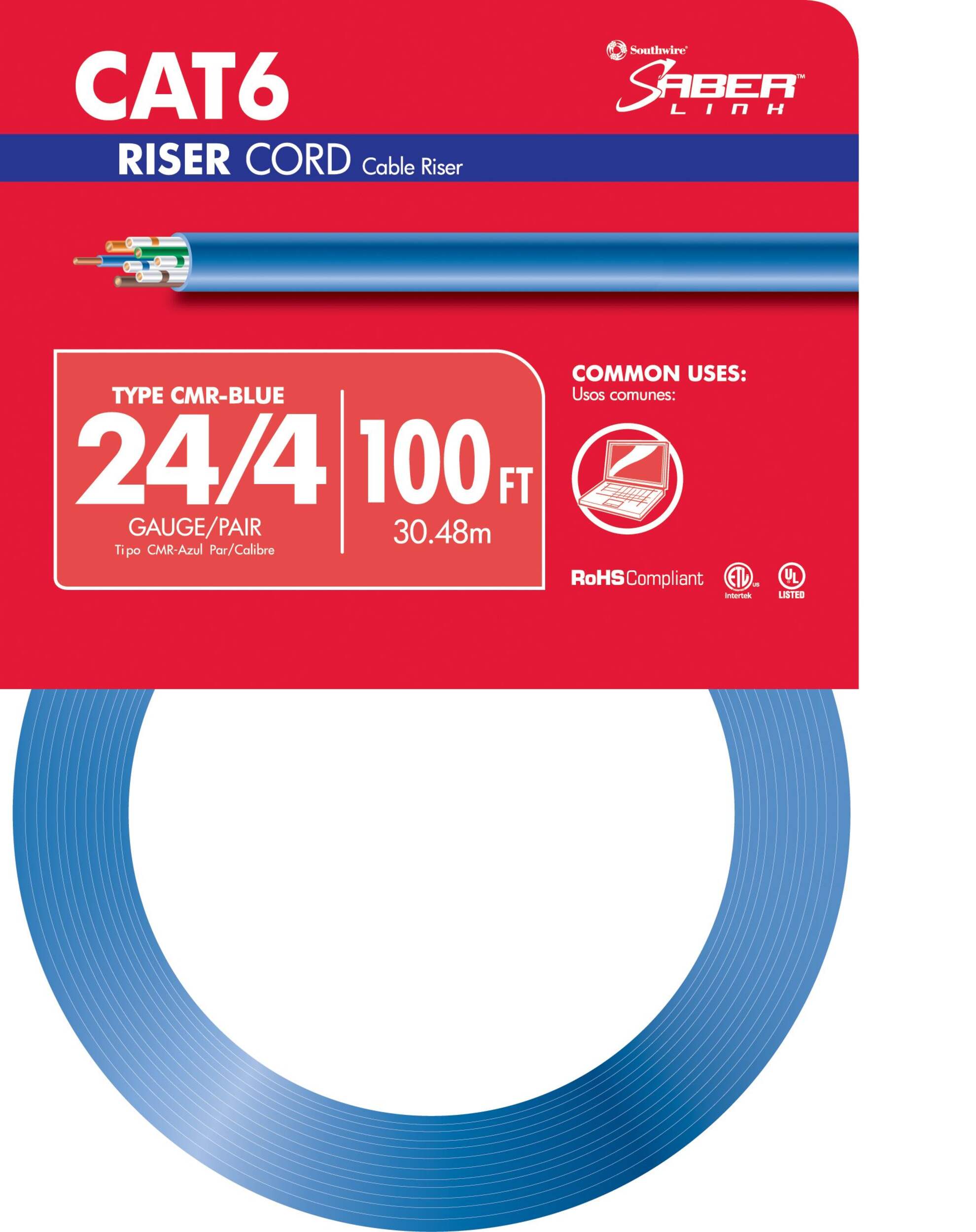 Câble de données montant Southwire 56918943 CAT6, 24/4, bleu, 100 pi Front_Flat