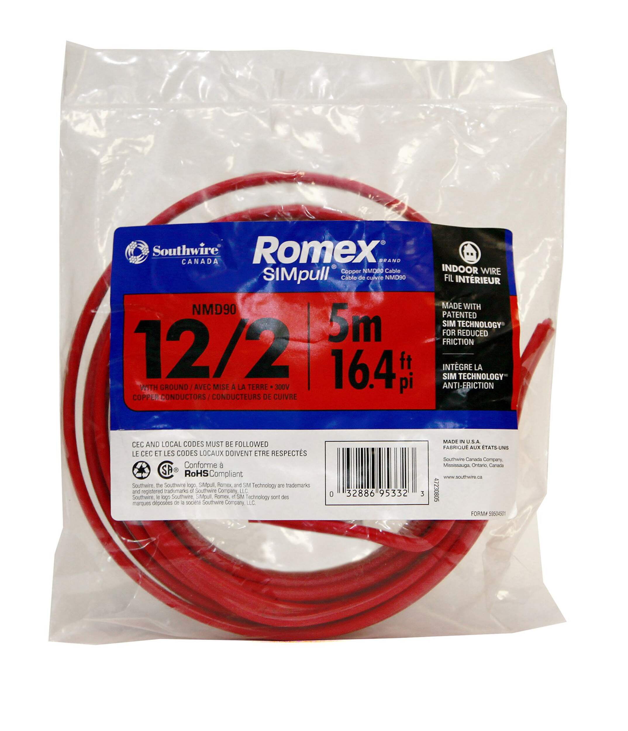 Southwire 47230805 Romex SIMpull NMD90 Copper Wire Electrical Cable, 12-2, Red, 16.4-ft Front_Flat