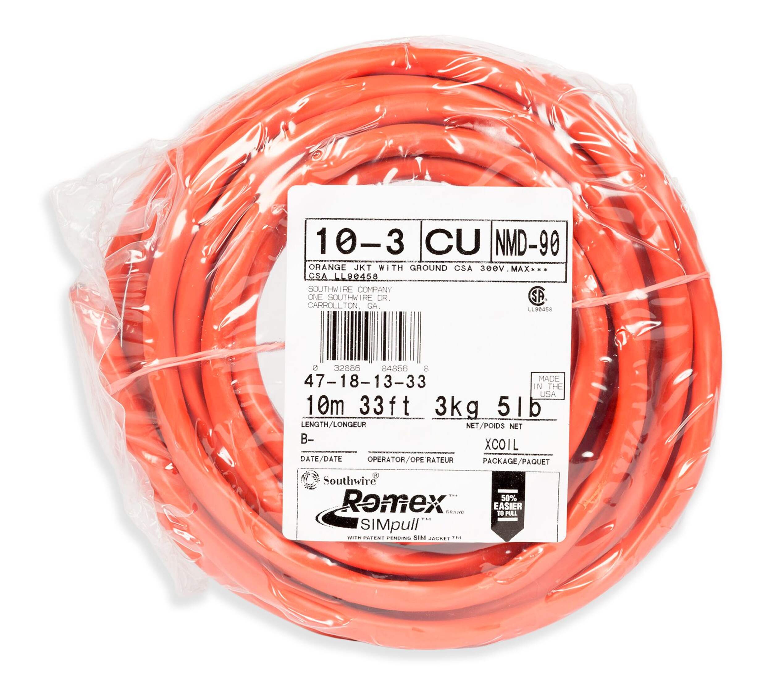 Southwire Romex® SIMpull® NMD90 Copper Wire Electrical Cable, 10-3, Orange, 32.8-ft Front_Flat