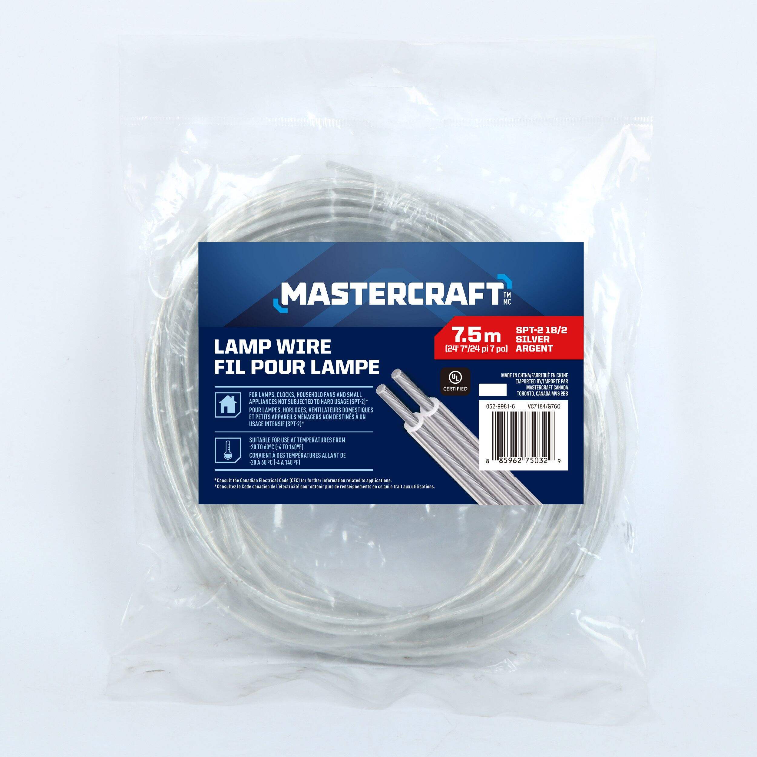 Cordon de lampe Southwire 56311801 SPT-1 et SPT-2, 18-2, argent, 24,6 pi Front_Flat