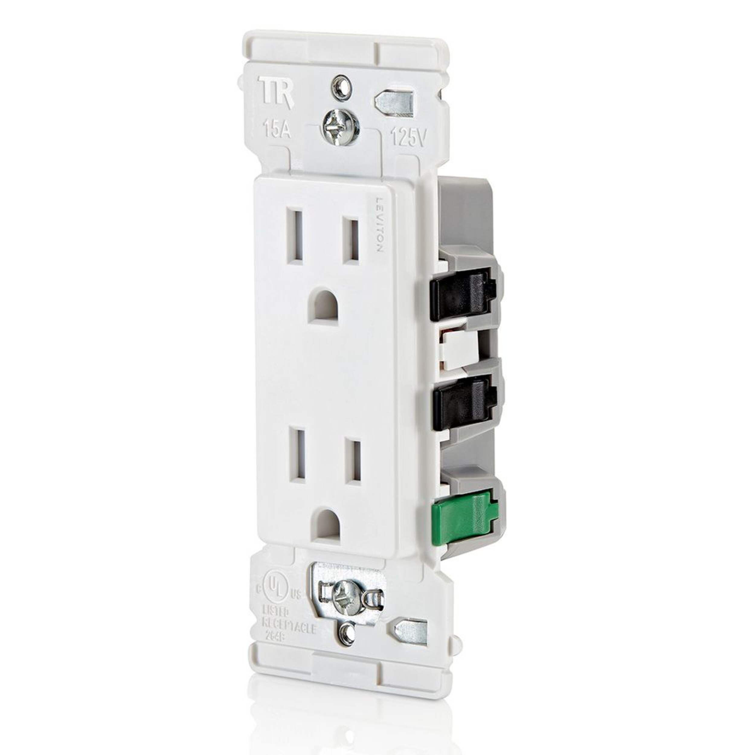 Leviton Decora Edge 15A 125V Receptacle, White Front_Three_Fourths_Angled_Left