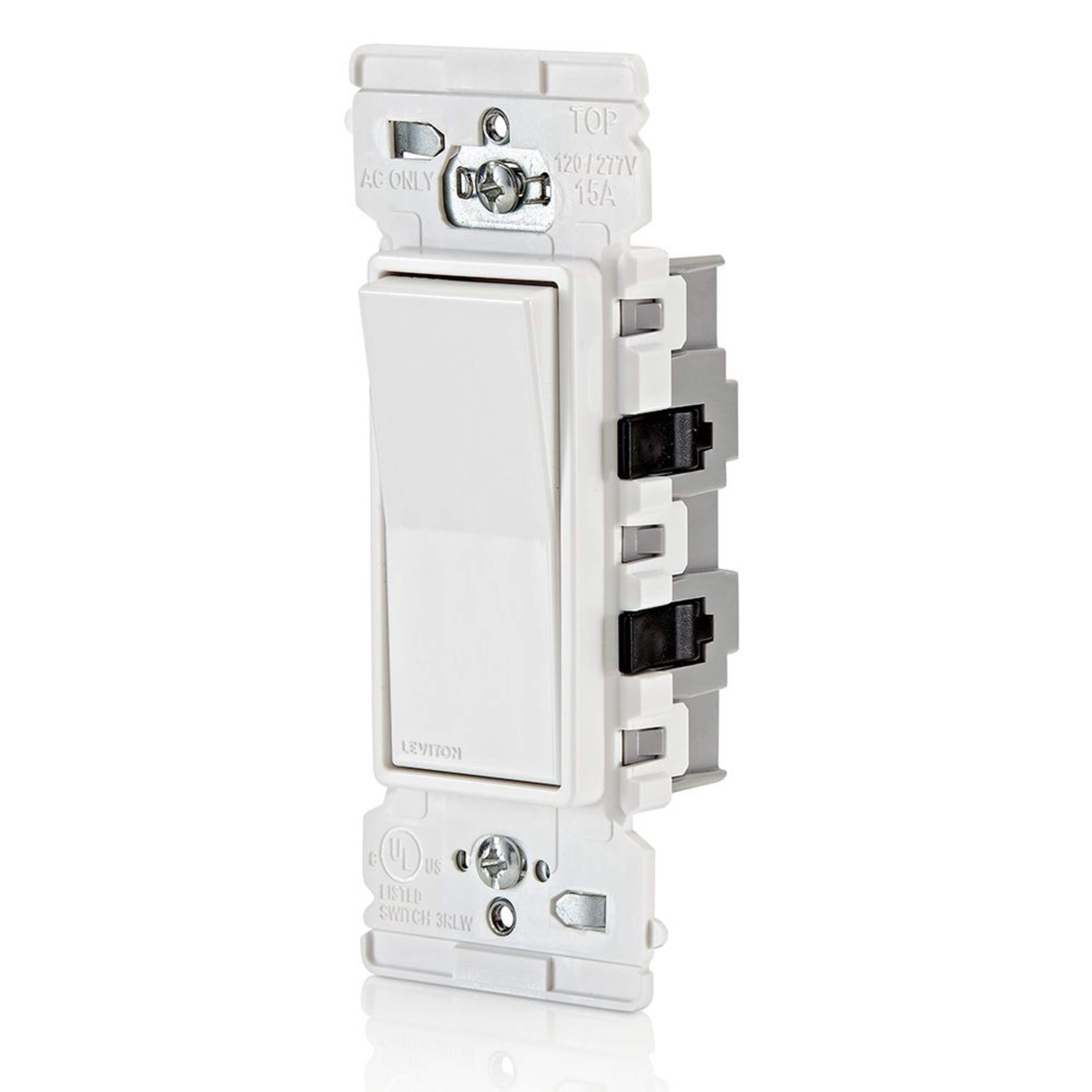 Leviton Decora Edge 15A Single Pole Switch, White Front_Three_Fourths_Angled_Left
