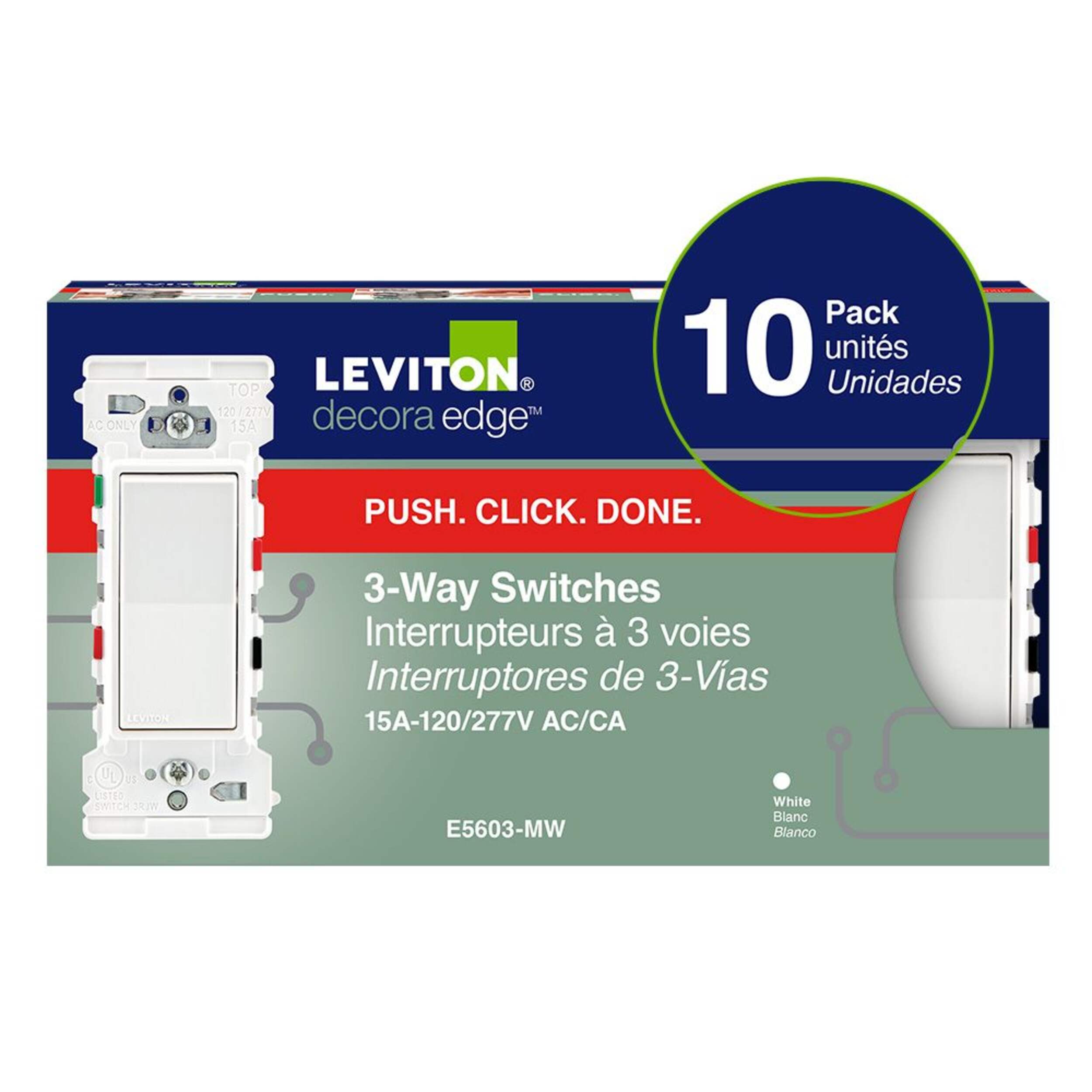 Leviton Decora Edge 15A 3-Way Switch, White, 10-pk Front_Elevated
