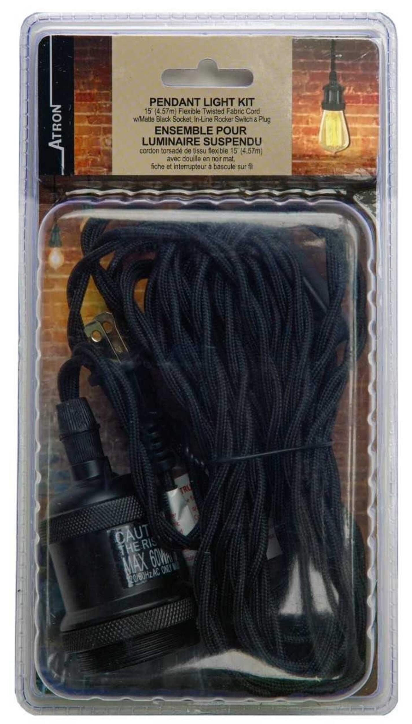 Atron Matte Black Pendant Light Cord Kit Front_Flat