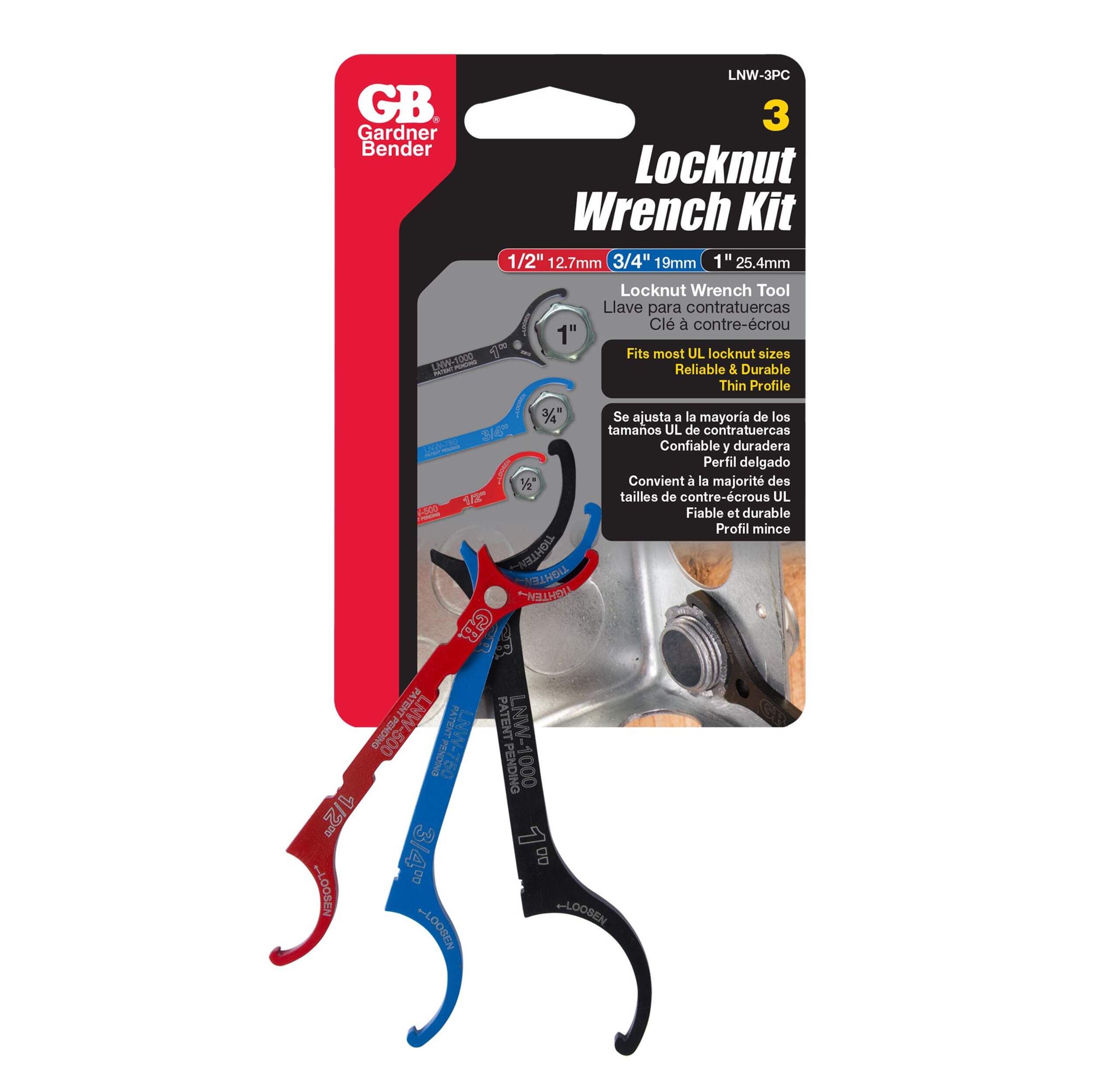 Gardner Bender Lock Nut Wrench Kit, 3-pc Front_Flat